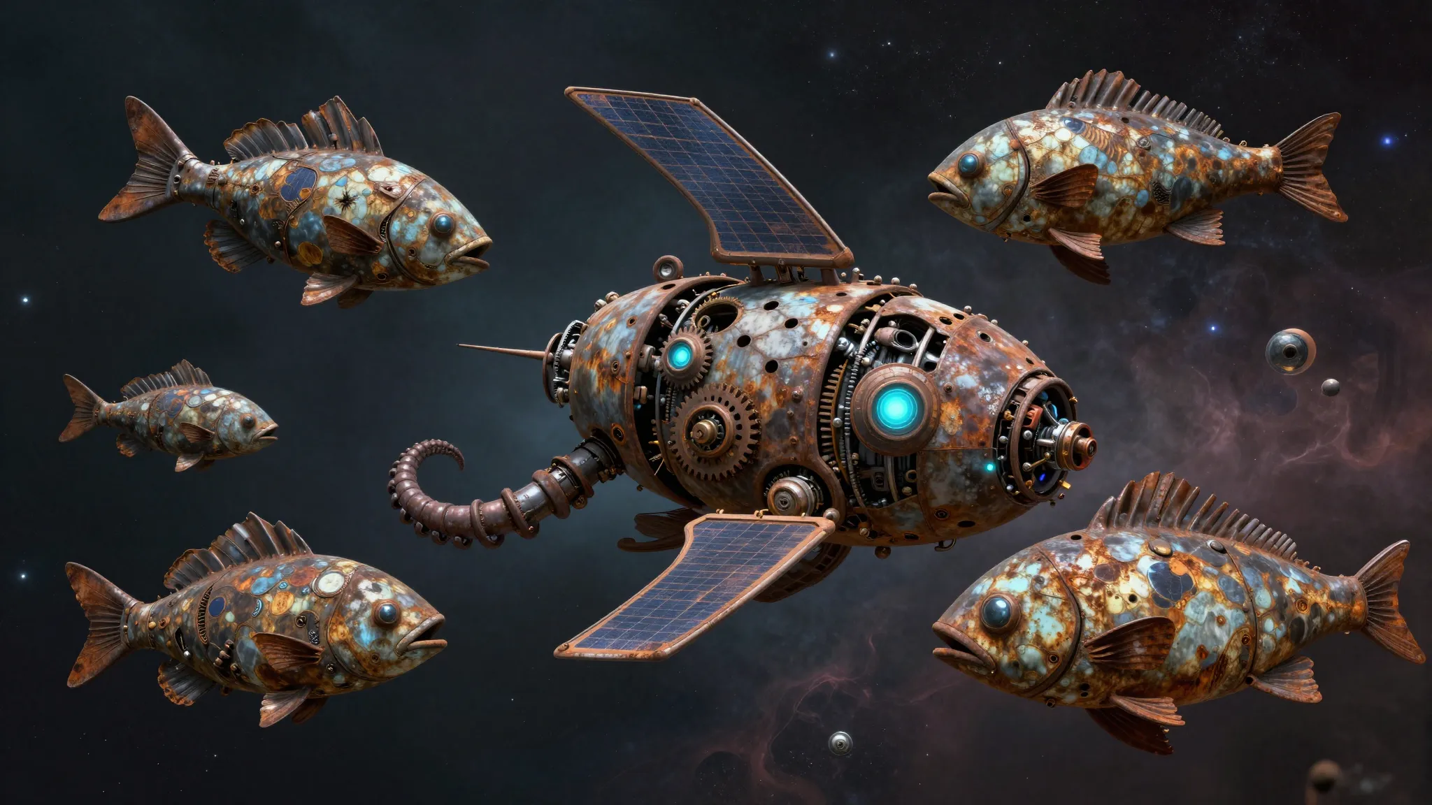 Biomechanical space graveyard, rusted robot parts shaped lik...