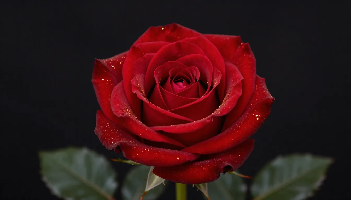A beautiful red rose on a dark background with golden sparkl...