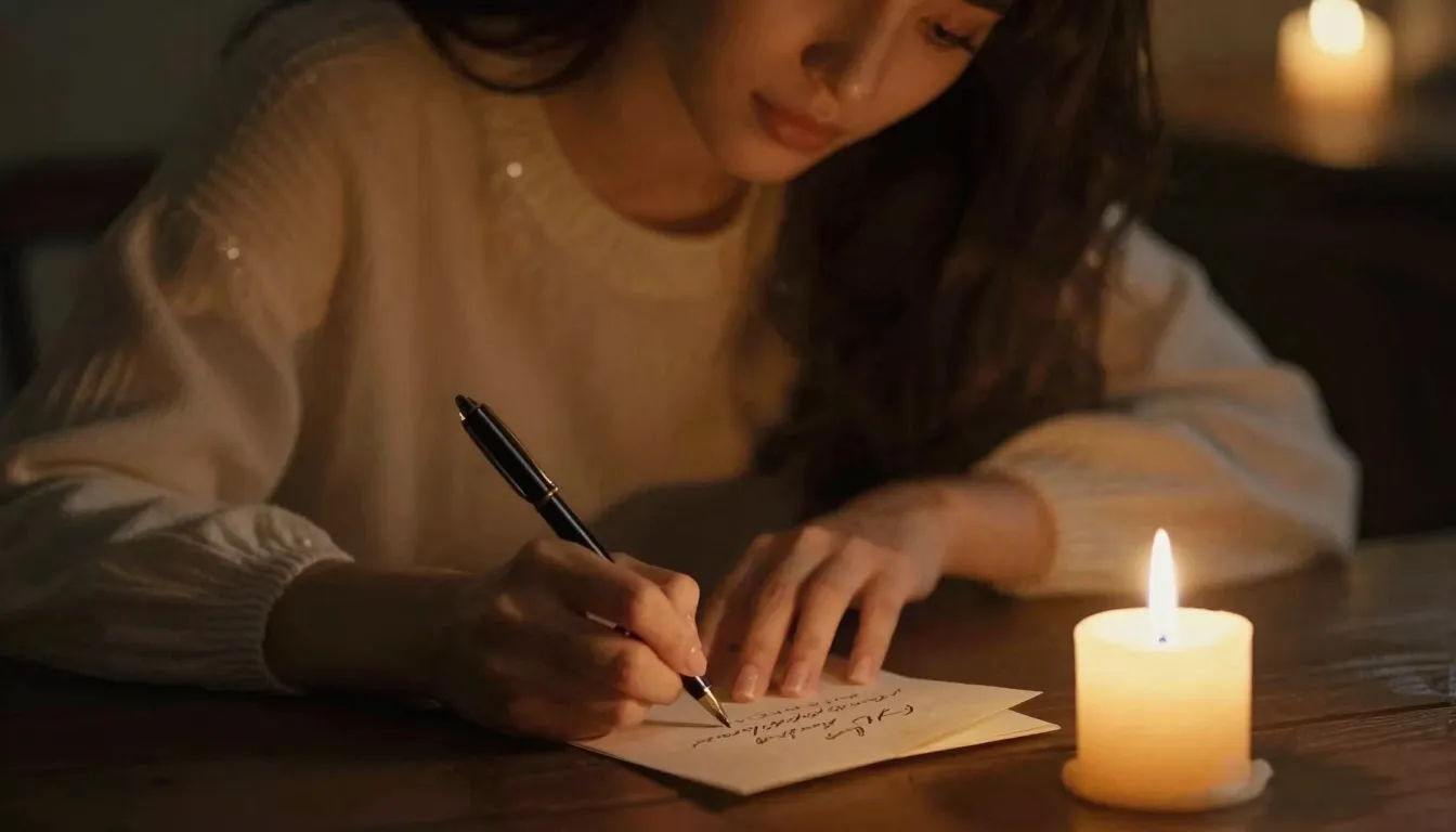 A romantic scene with a woman writing a letter by candleligh...