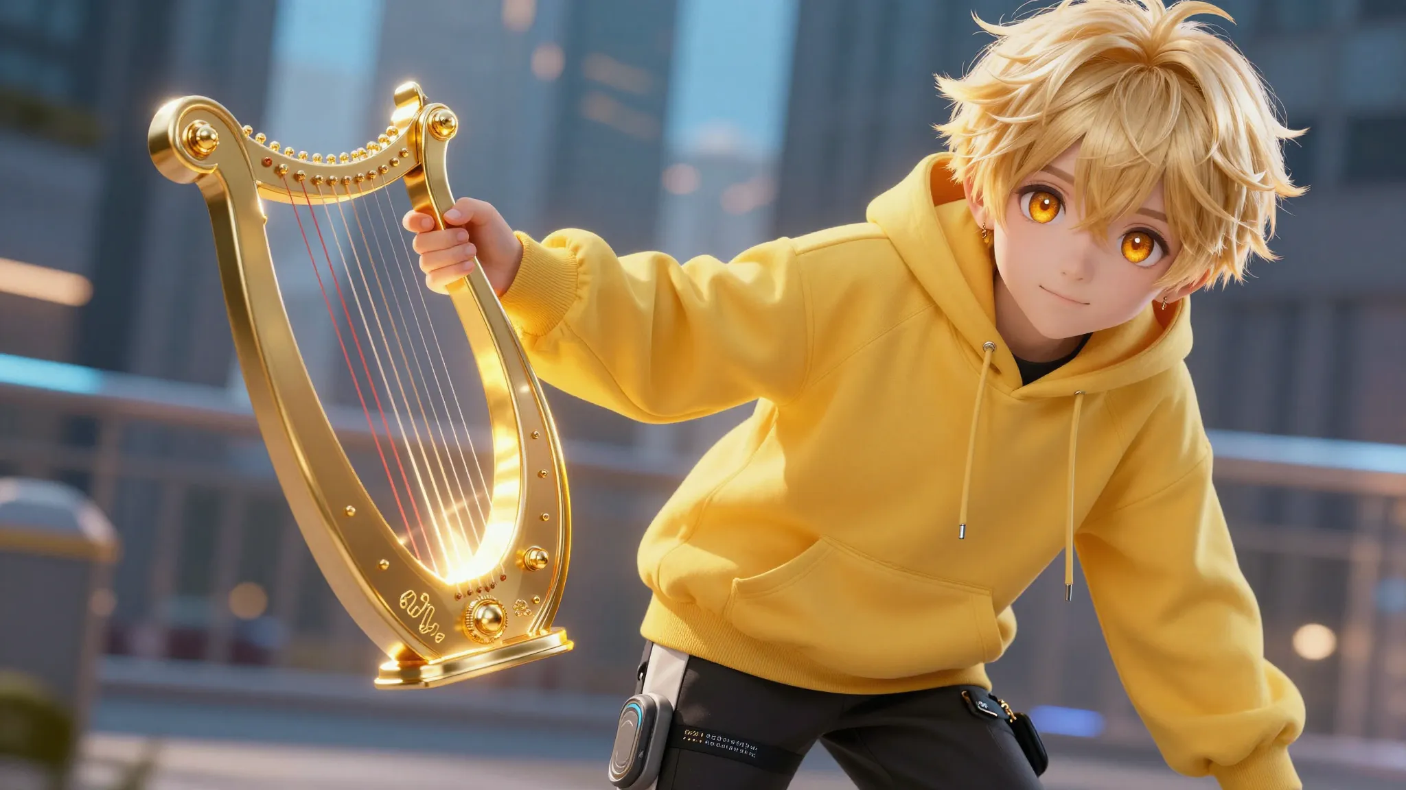 A 7-year-old boy with messy golden hair and glowing amber ey...