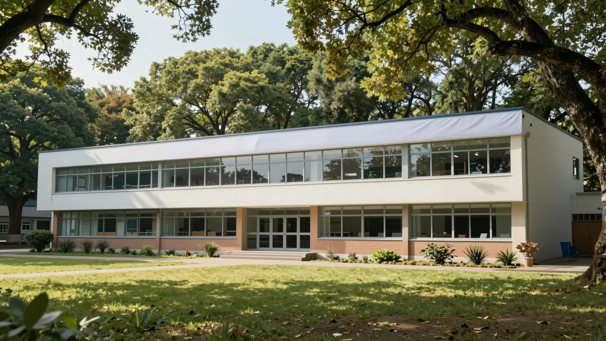 A wide banner showing a modern school building with large wi...