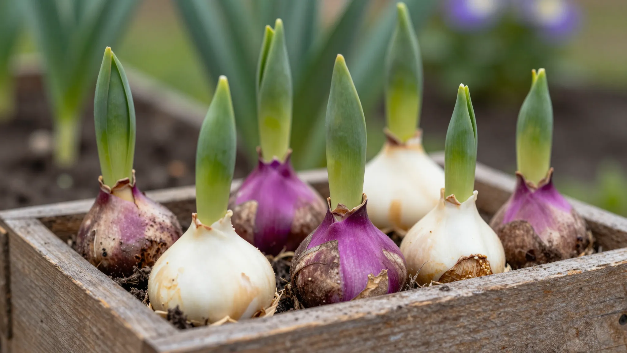 Close-up of vibrant flower bulbs and green sprouts in a rust...