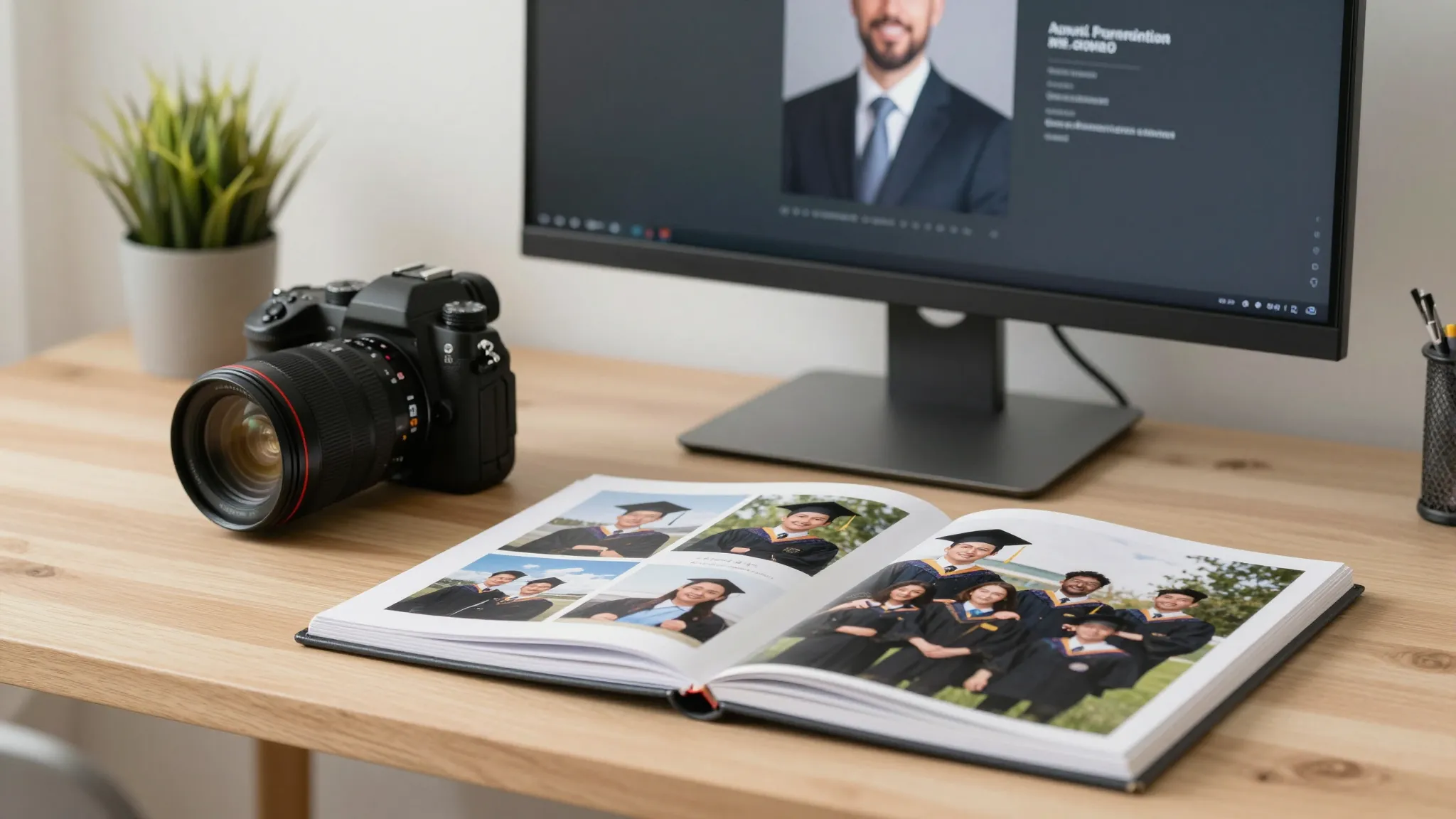 A professional photographer's workspace with a high-end came...