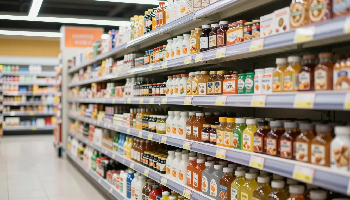 Modern supermarket shelf with clear price tags and organized...
