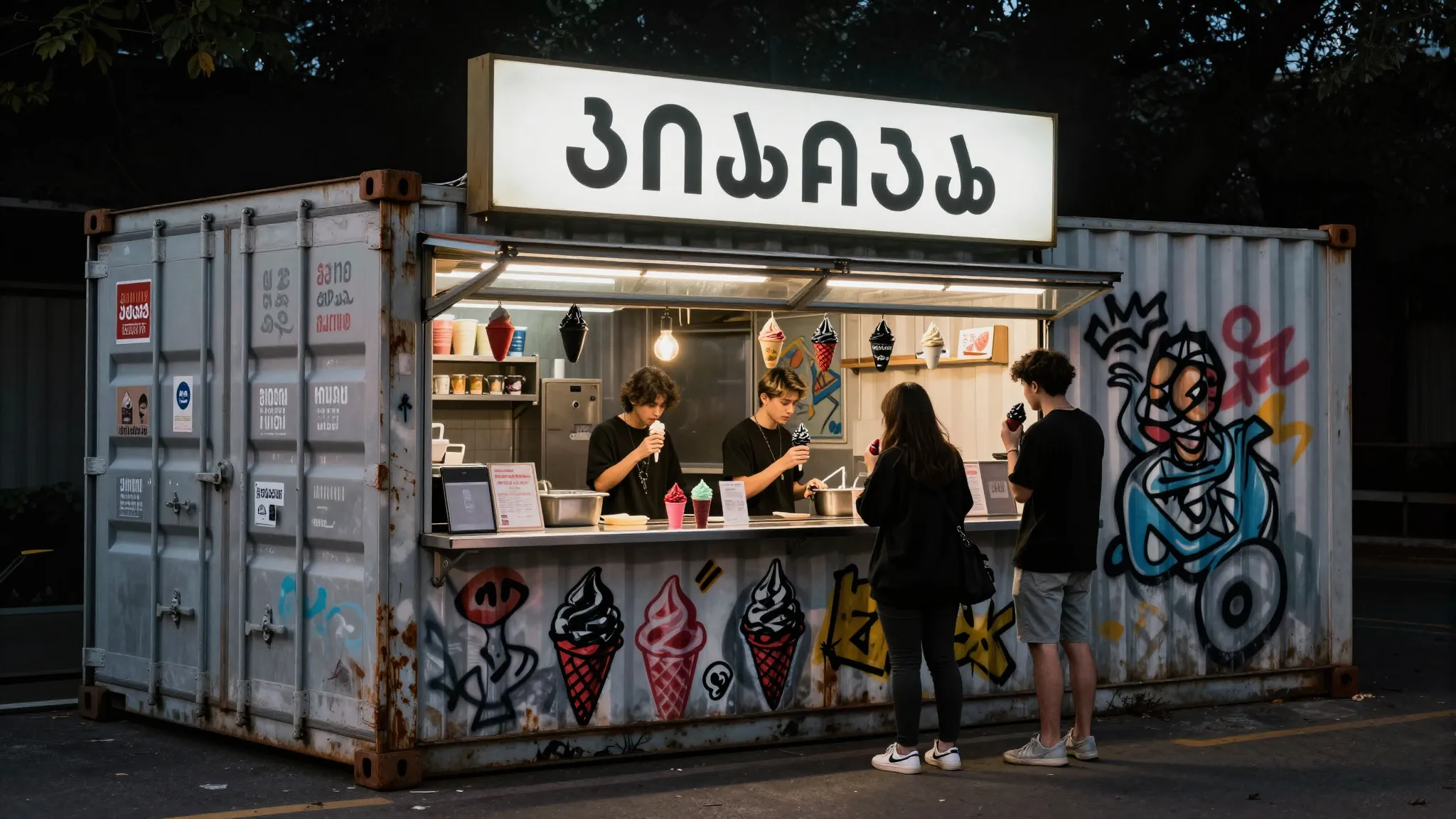 A street food stall made of a shipping container, covered in...
