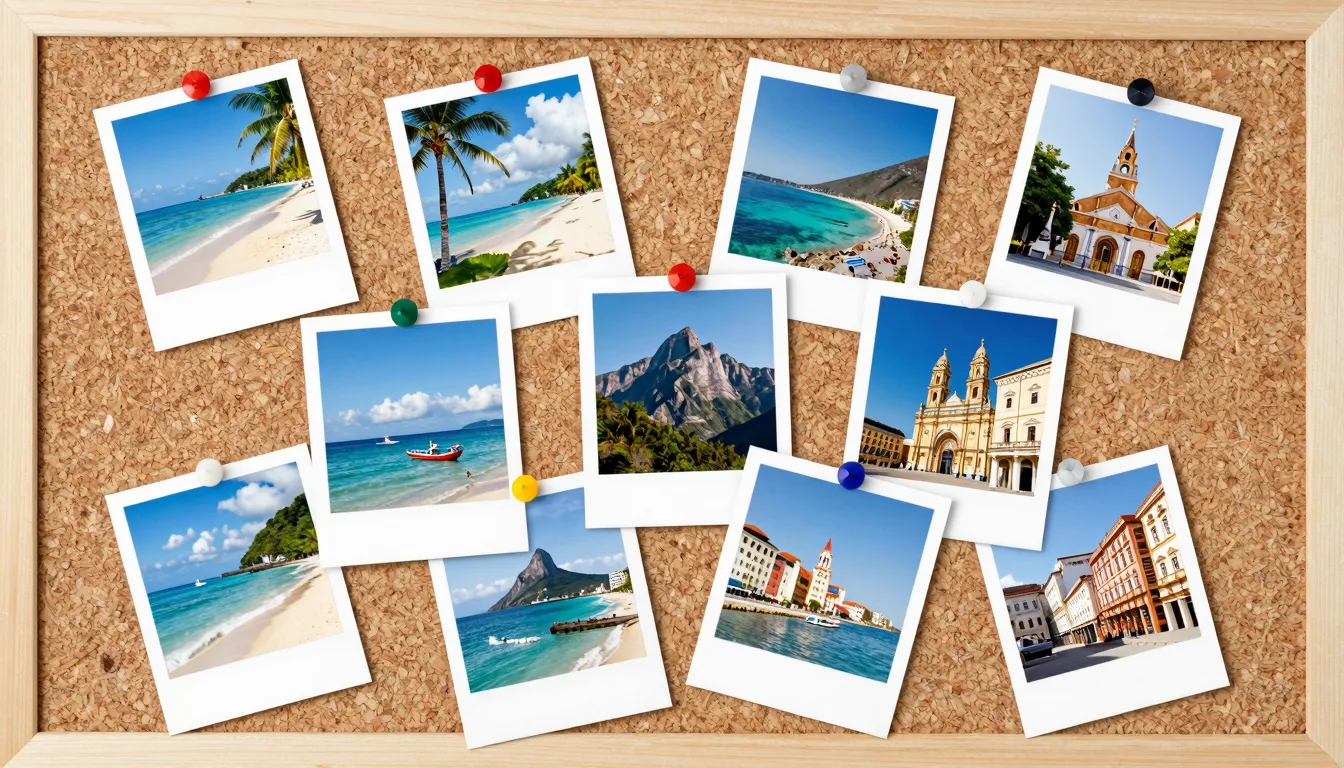 A collection of polaroid photos showing various travel desti...