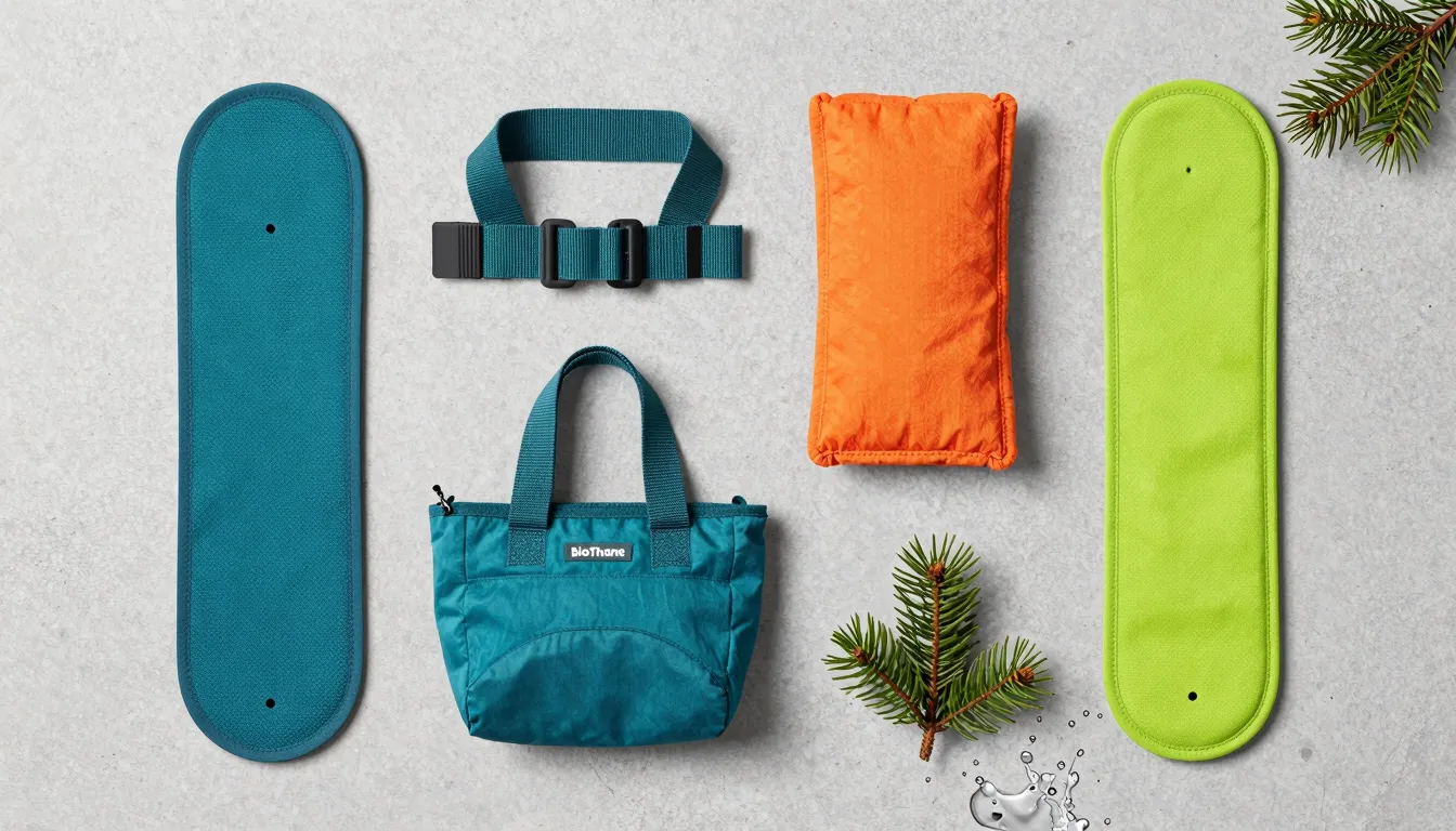 Flat lay composition of various BioThane dog gear in differe...