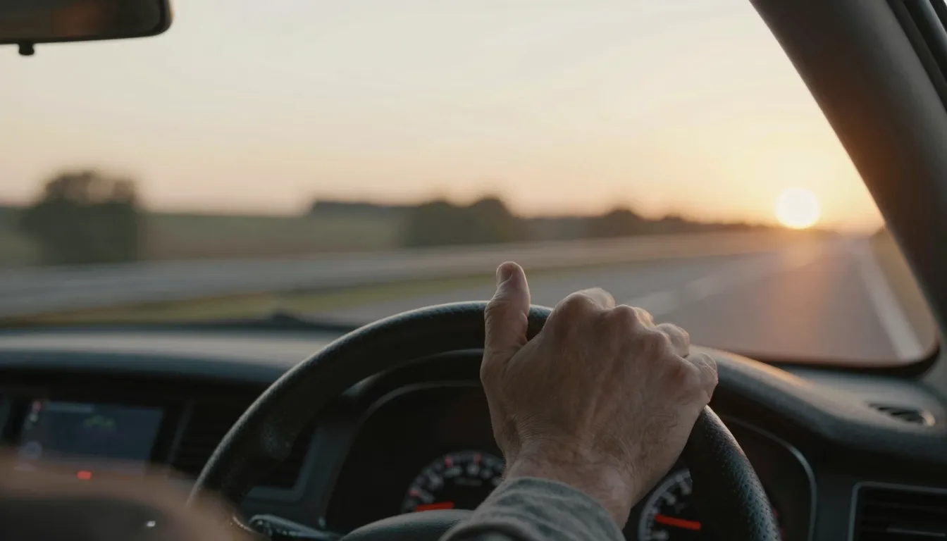 A confident driver's hand on a steering wheel, blurred road ...