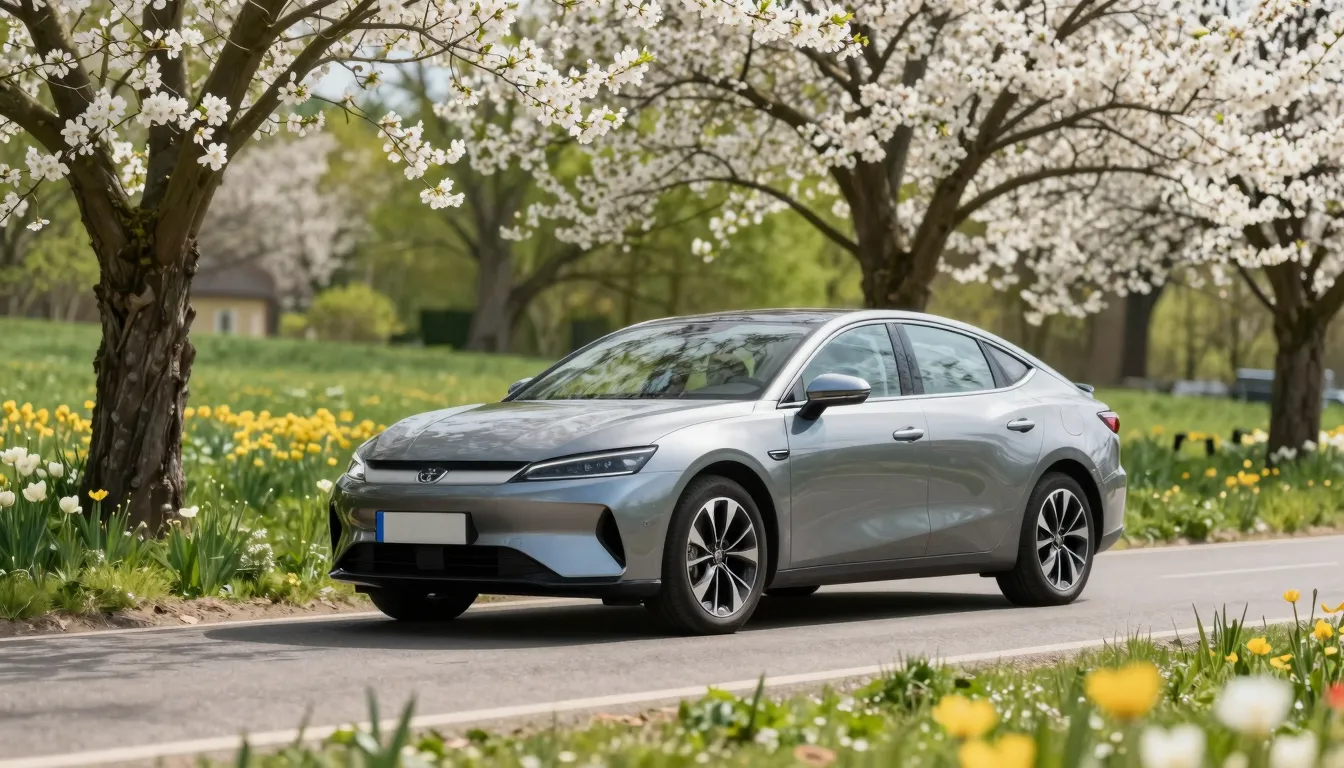 A stylish car on a road surrounded by spring flowers and gre...