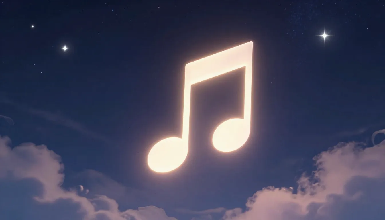 A magical glowing music note floating in a starry night sky,...