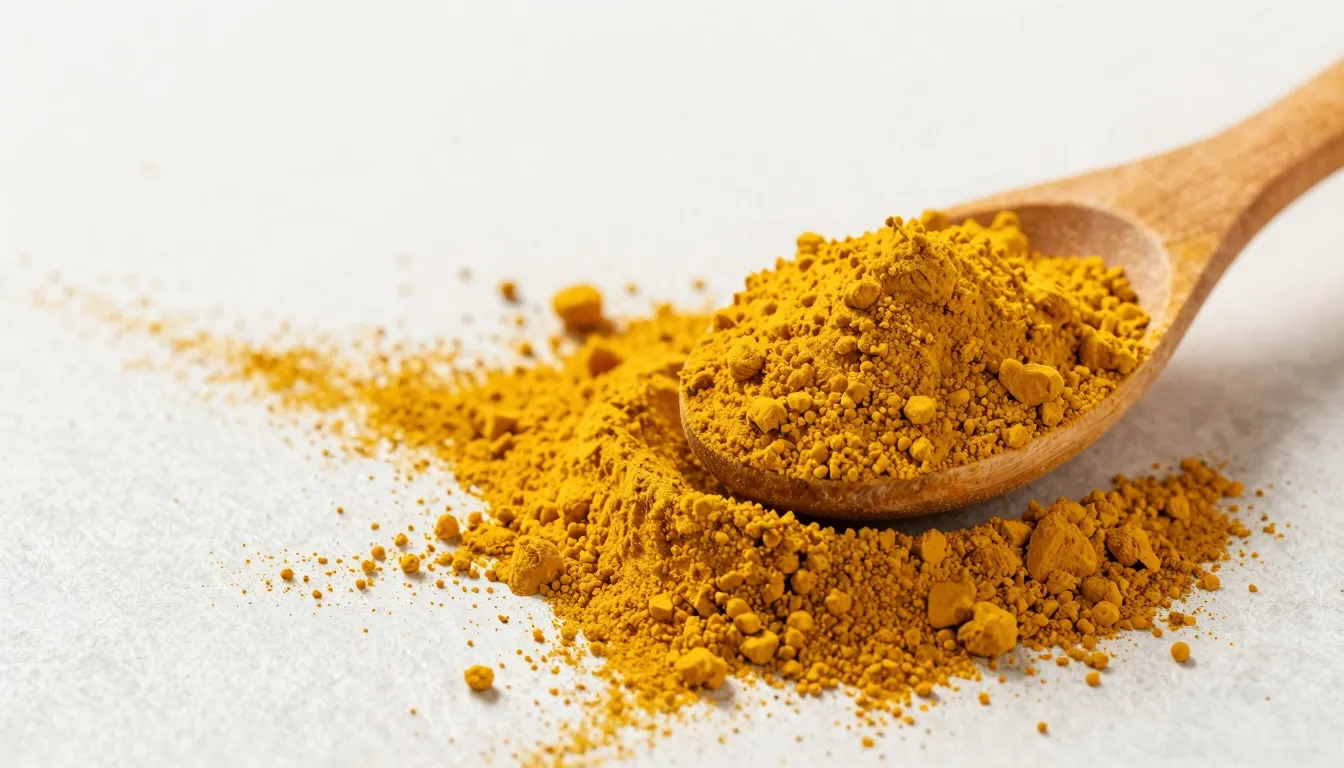 Bright yellow turmeric powder spilling from a wooden spoon, ...