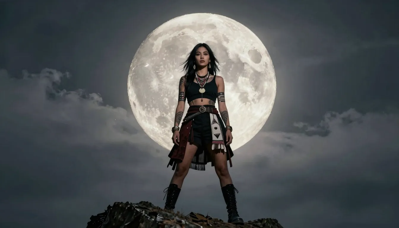 A strong woman standing on a mountain peak under a massive f...