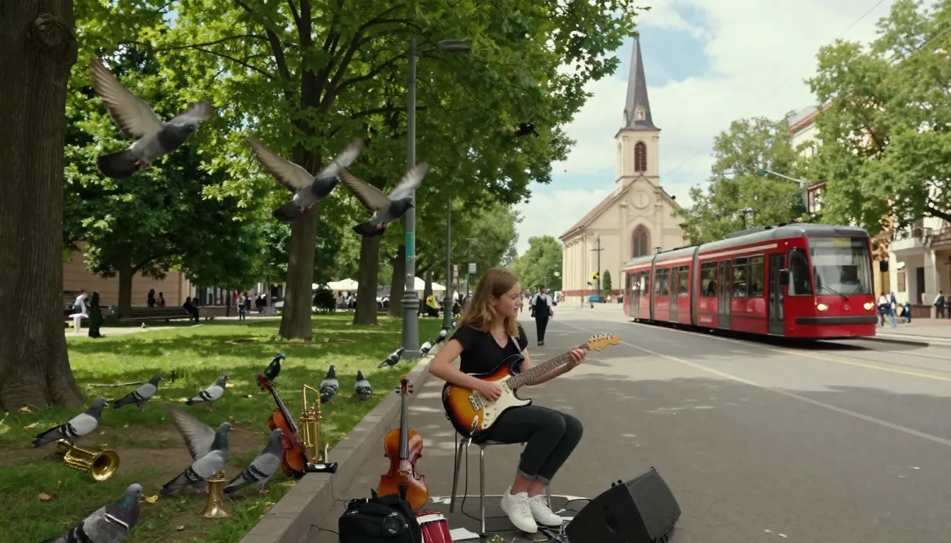 High-detail film still of a street musician girl with an ele...
