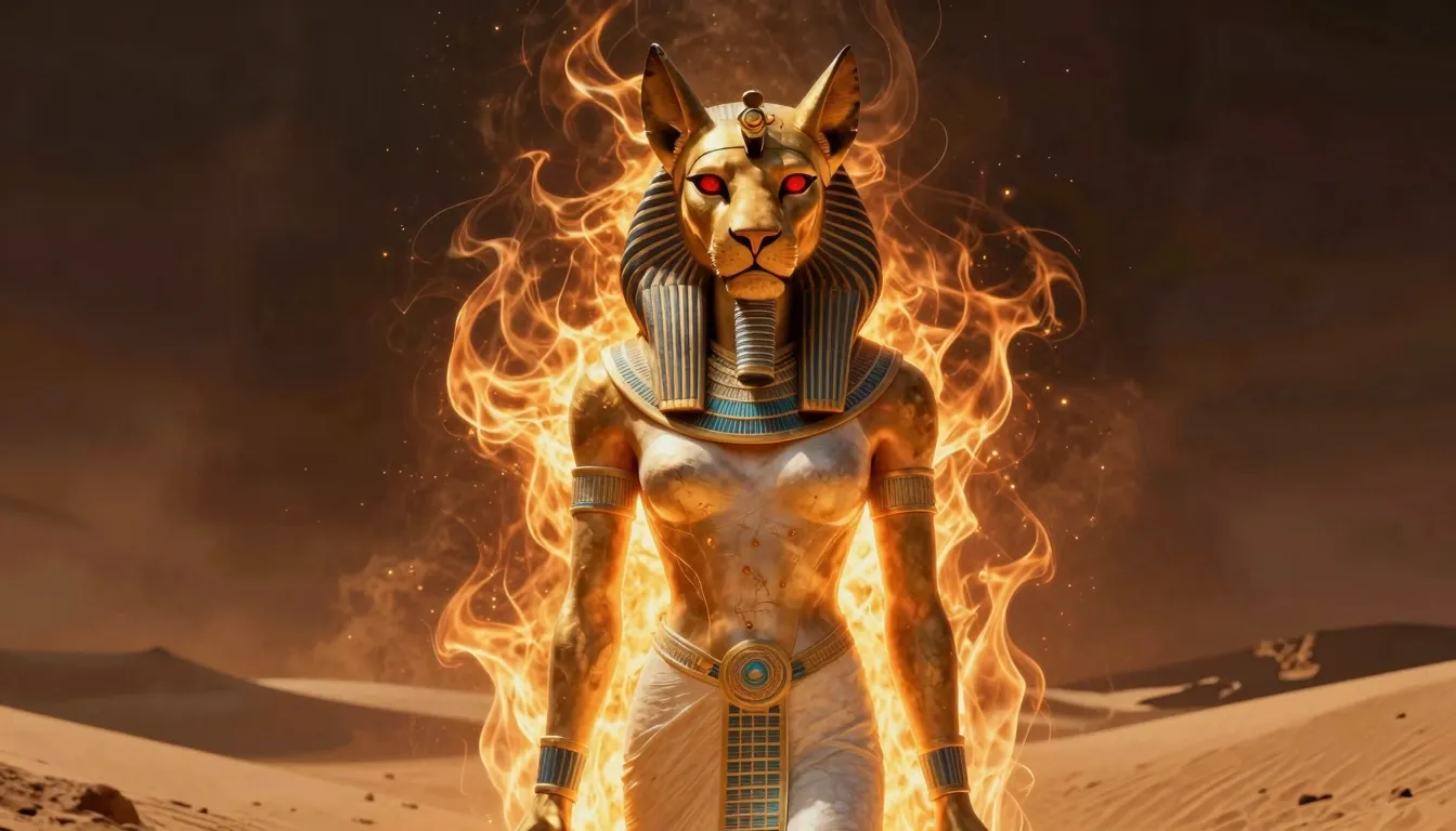 Fierce Sekhmet with a lion head and female body standing in ...
