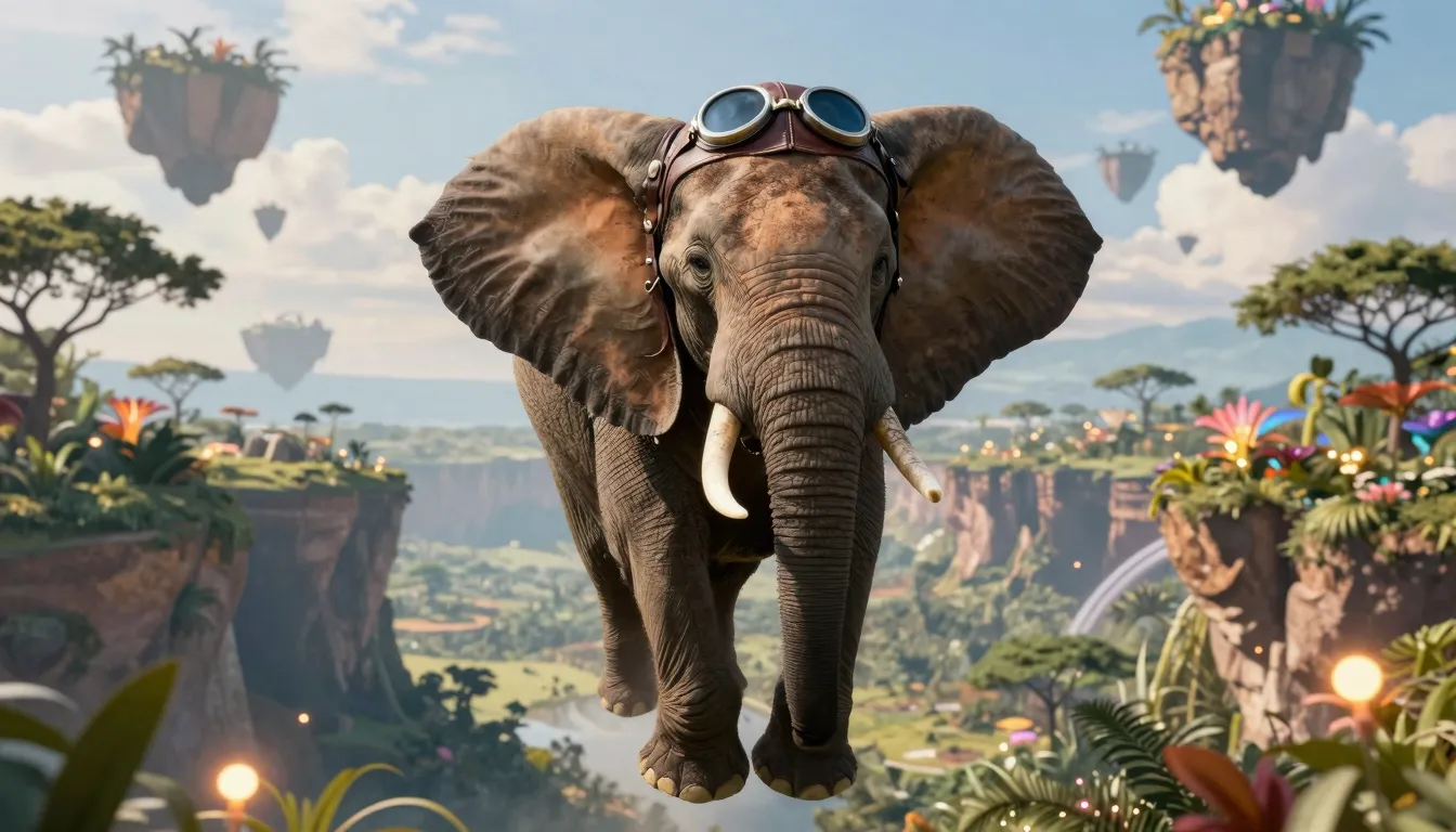 A majestic adult male African elephant flying across a deep ...