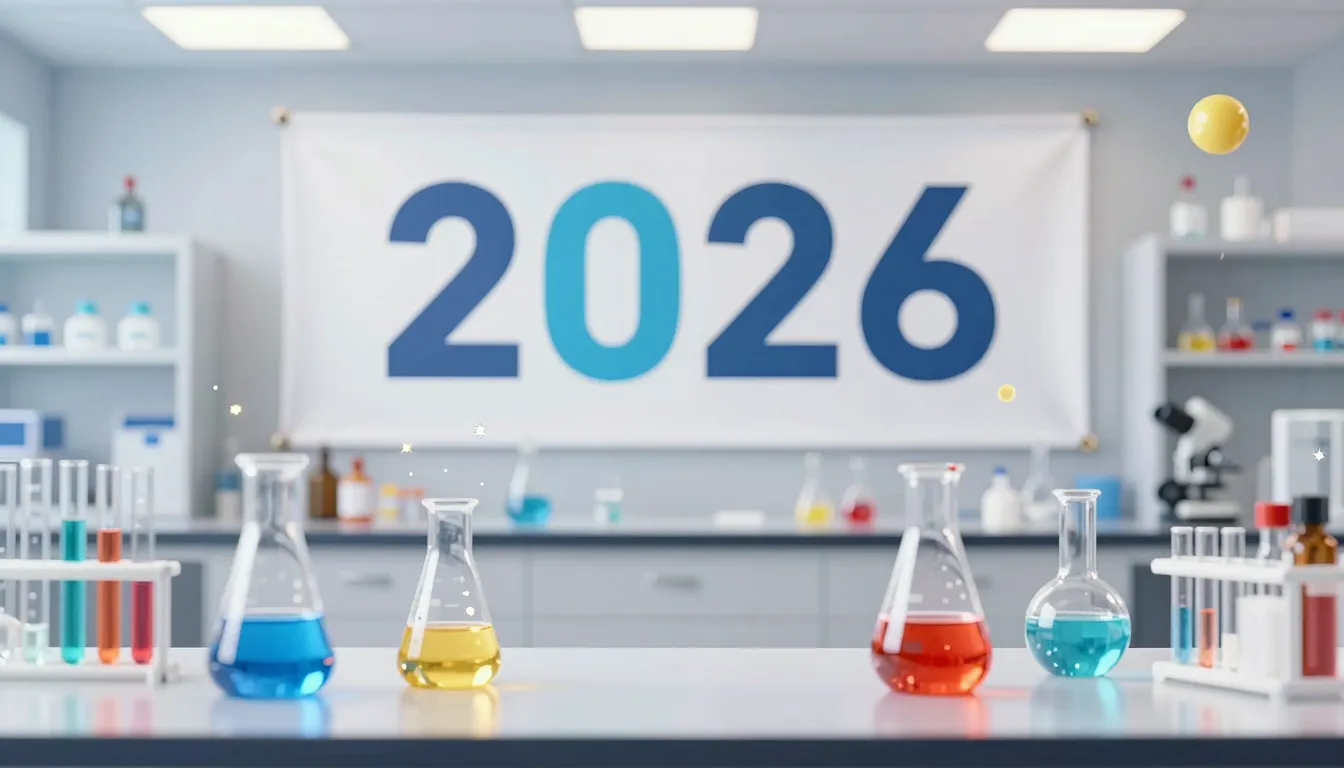 A festive chemical laboratory with colorful liquids in flask...
