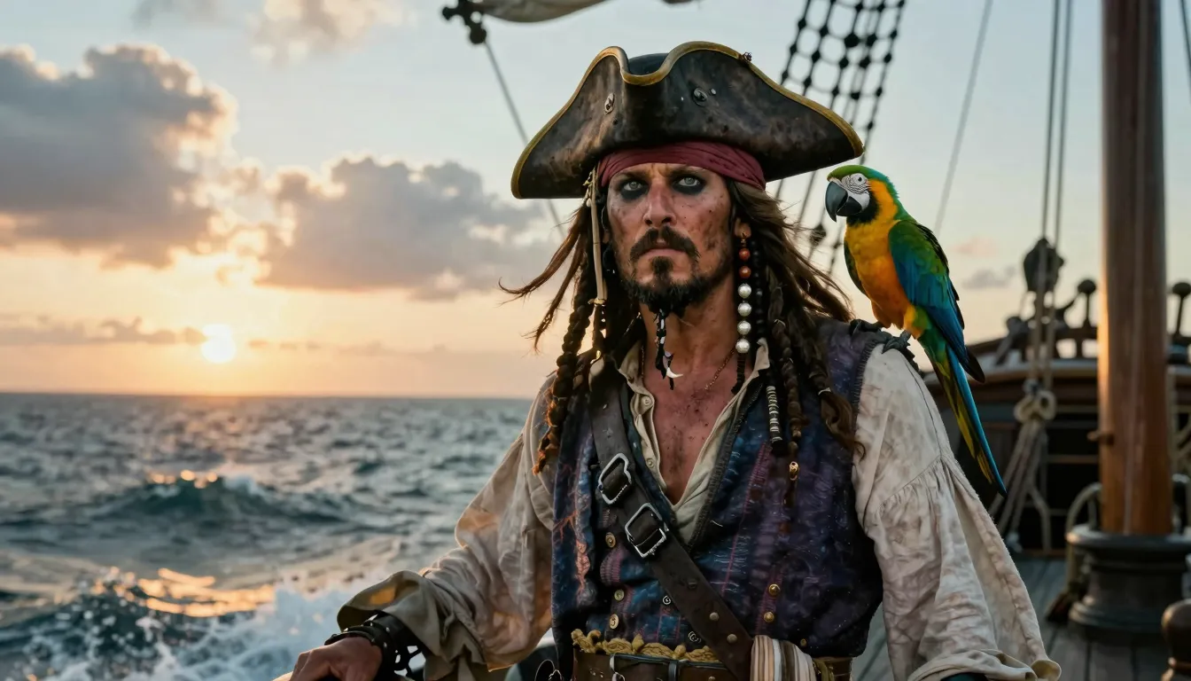 Gritty pirate captain with a tricorn hat and a parrot on his...