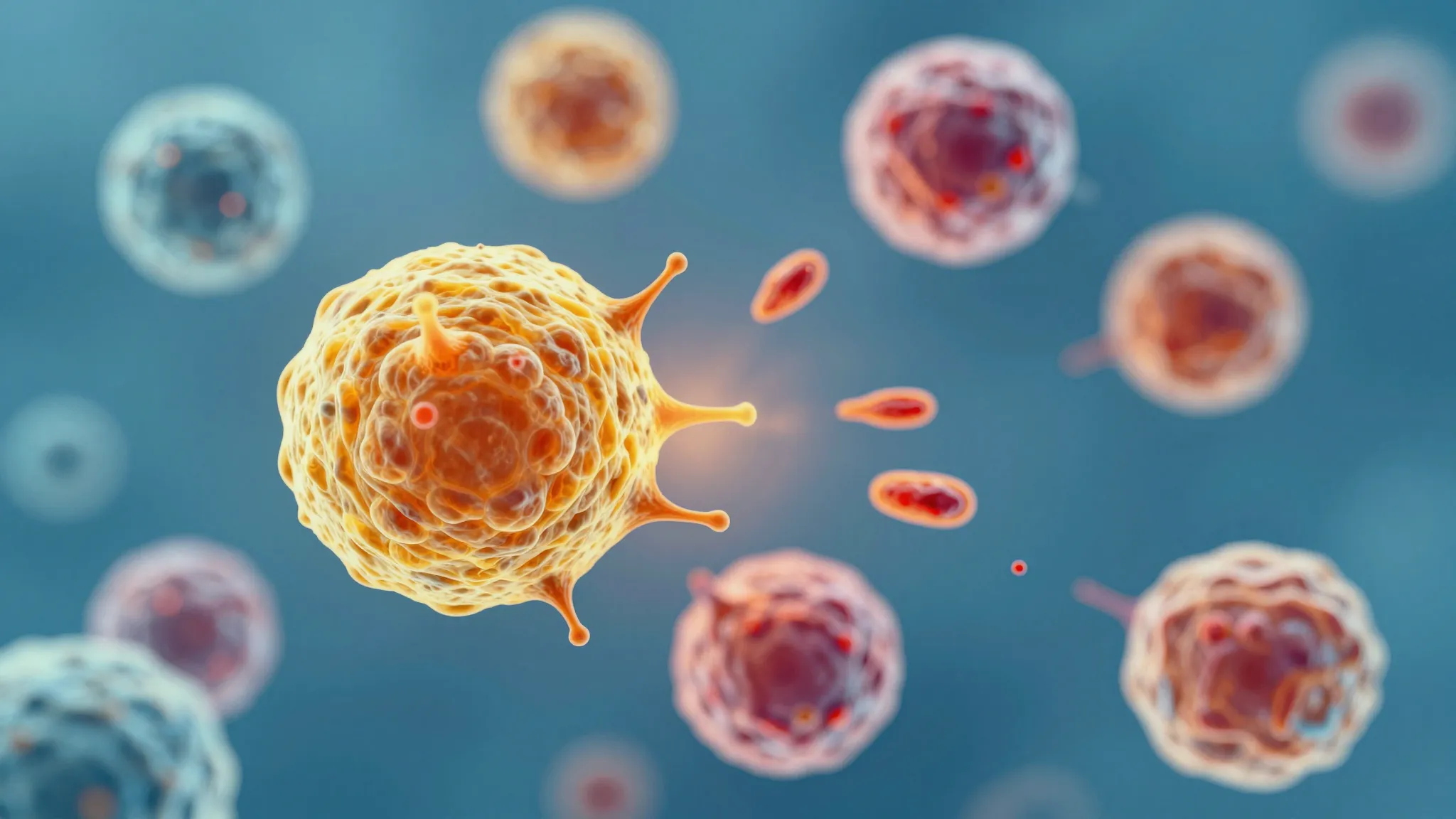 Abstract representation of microscopic mast cells reacting t...