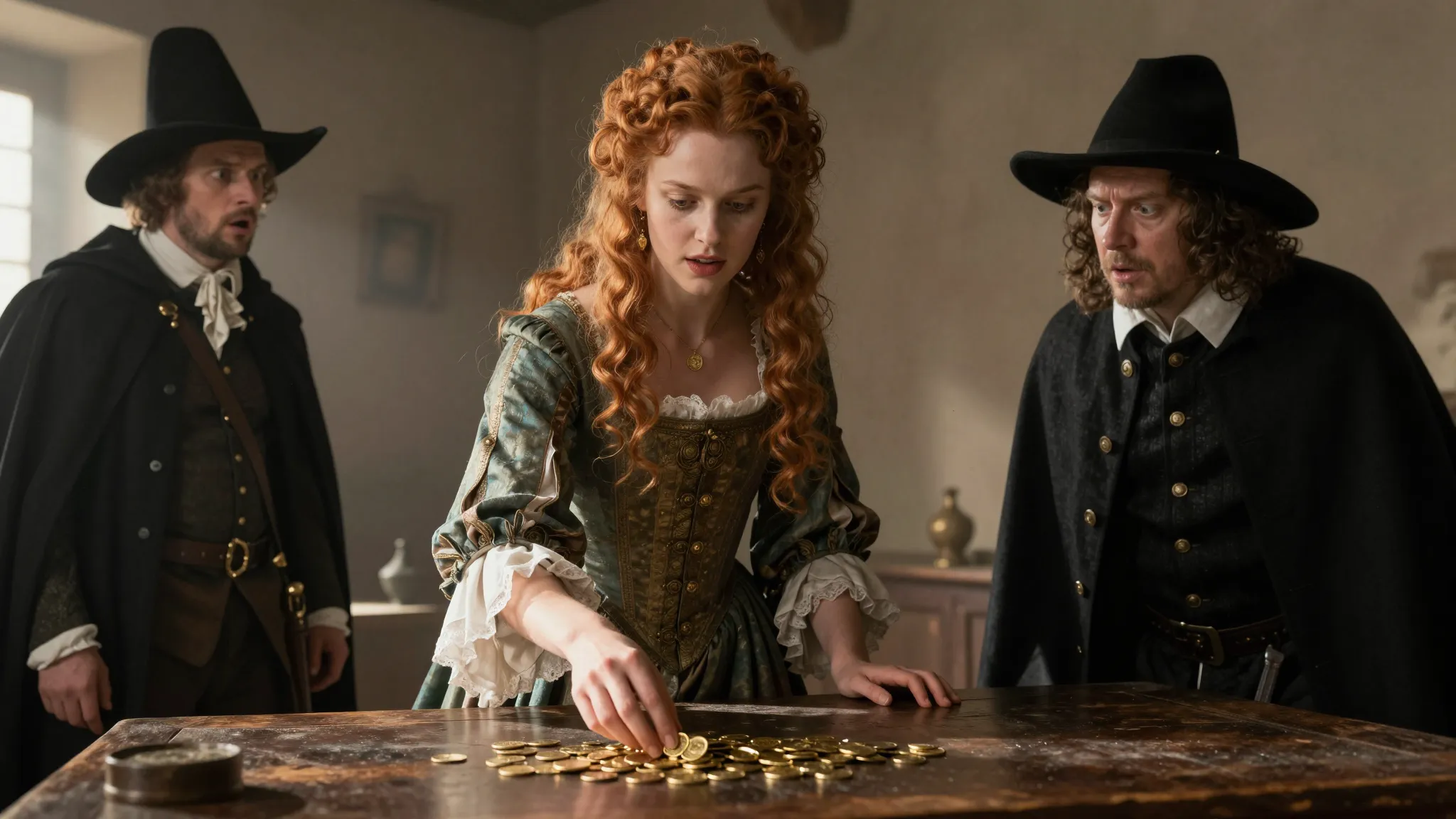 A beautiful young woman with radiant hair in a 17th-century ...