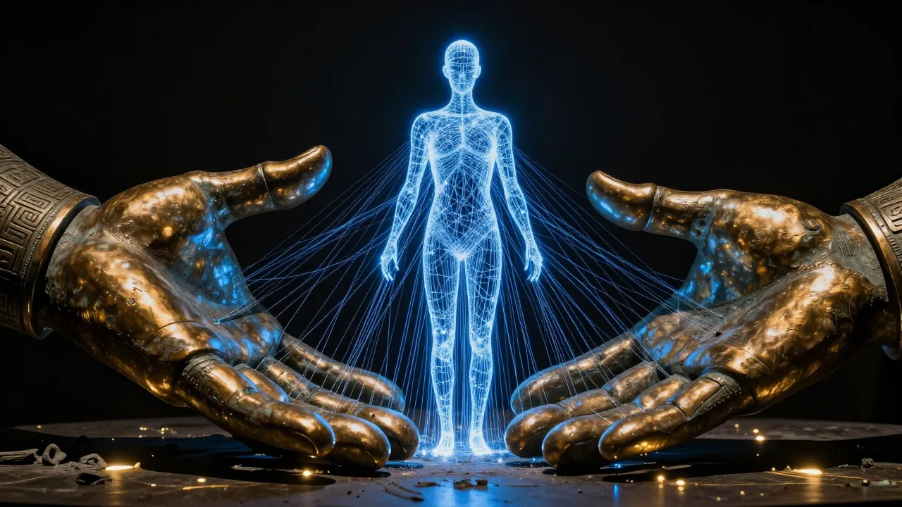 An avant-garde bronze sculpture of two giant hands emerging ...