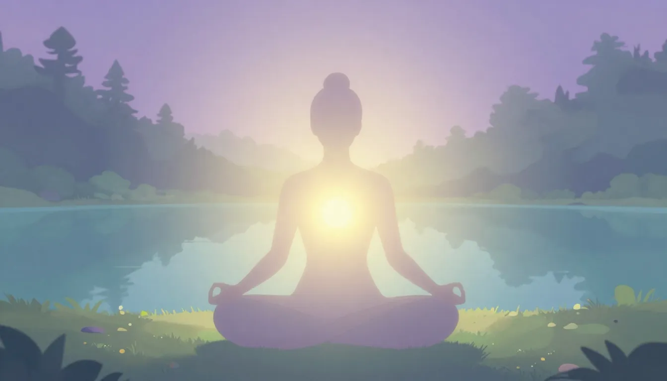 A serene, ethereal scene depicting a glowing, soft light ema...