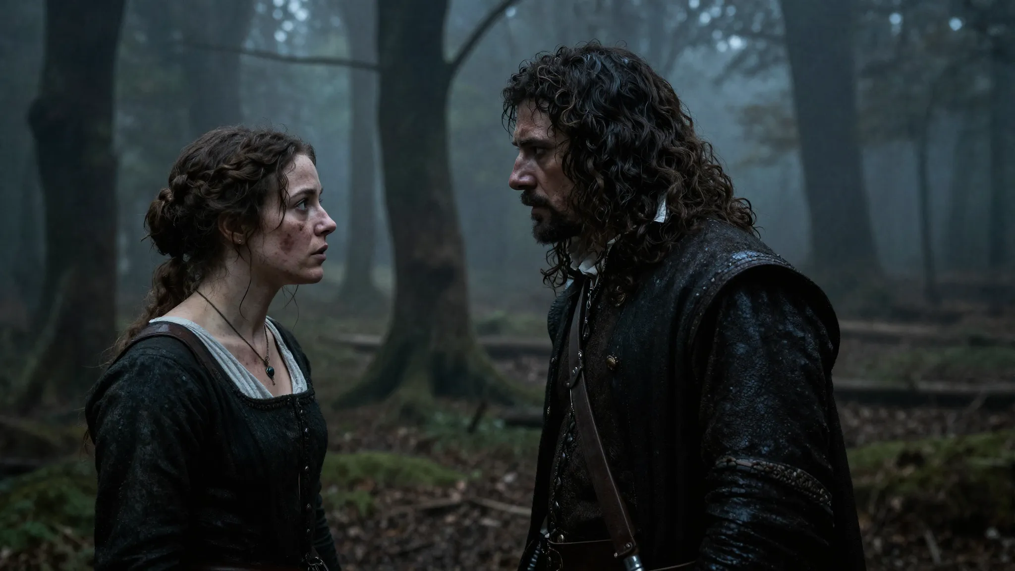 A raw and moody 16th-century French forest scene. A peasant ...