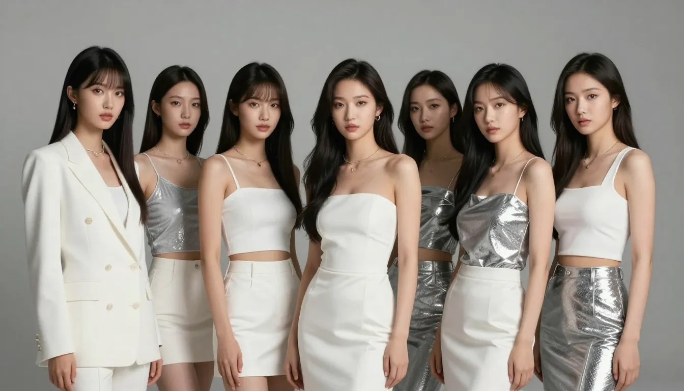 A group of beautiful girls in stylish white and silver moder...