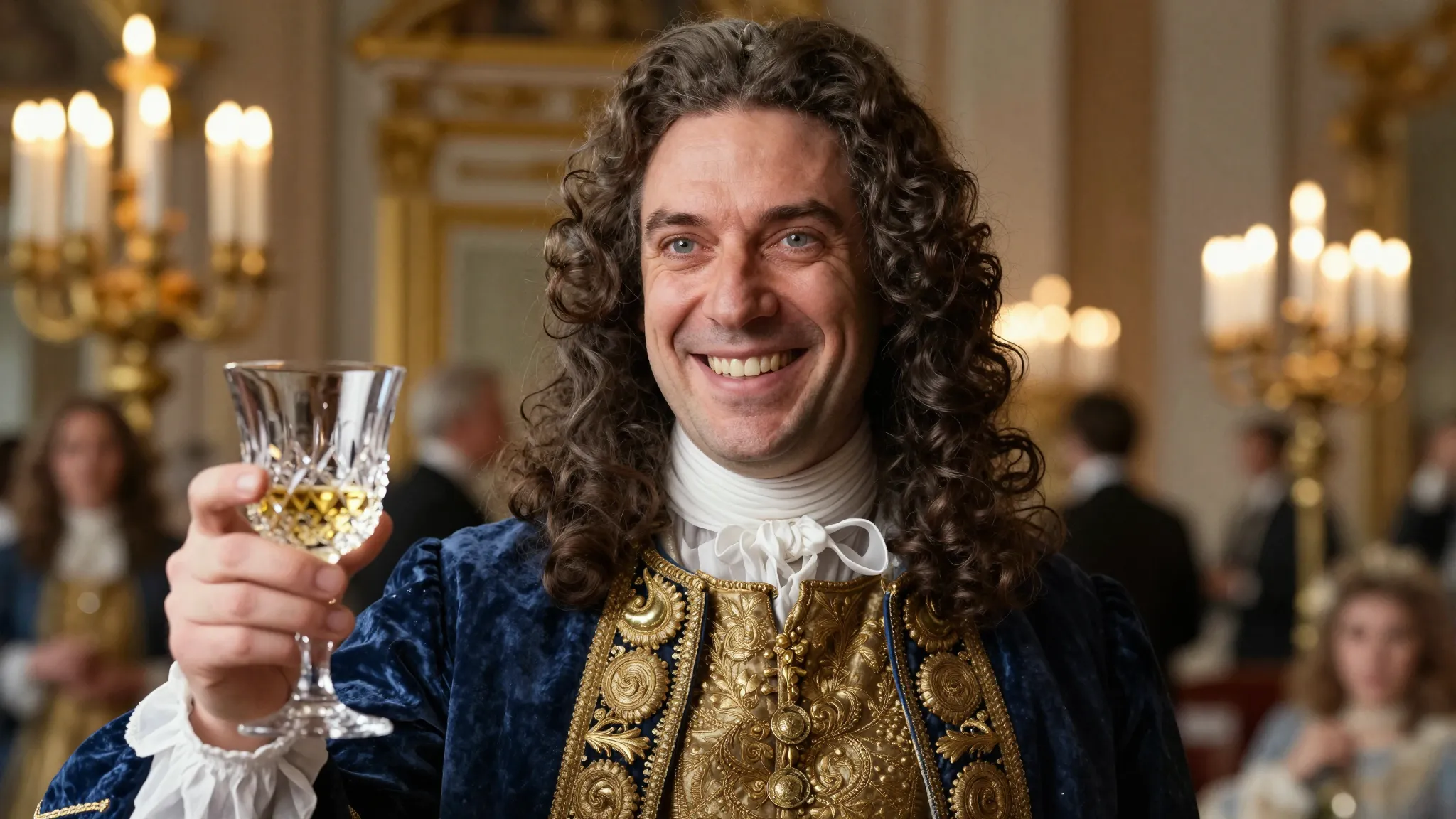 A close-up of a 17th-century French count with a daring smir...