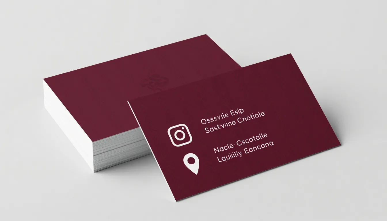 Back side of a business card. Deep burgundy background with ...