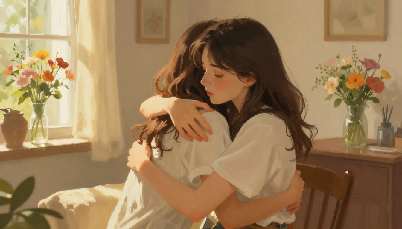 Two sisters hugging in a warm, sunlit room filled with flowe...