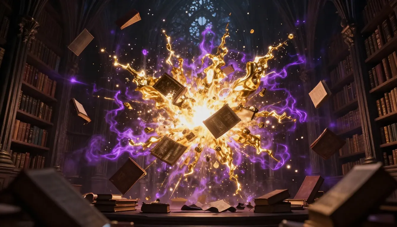 A magical explosion of gold and violet energy in a dark goth...