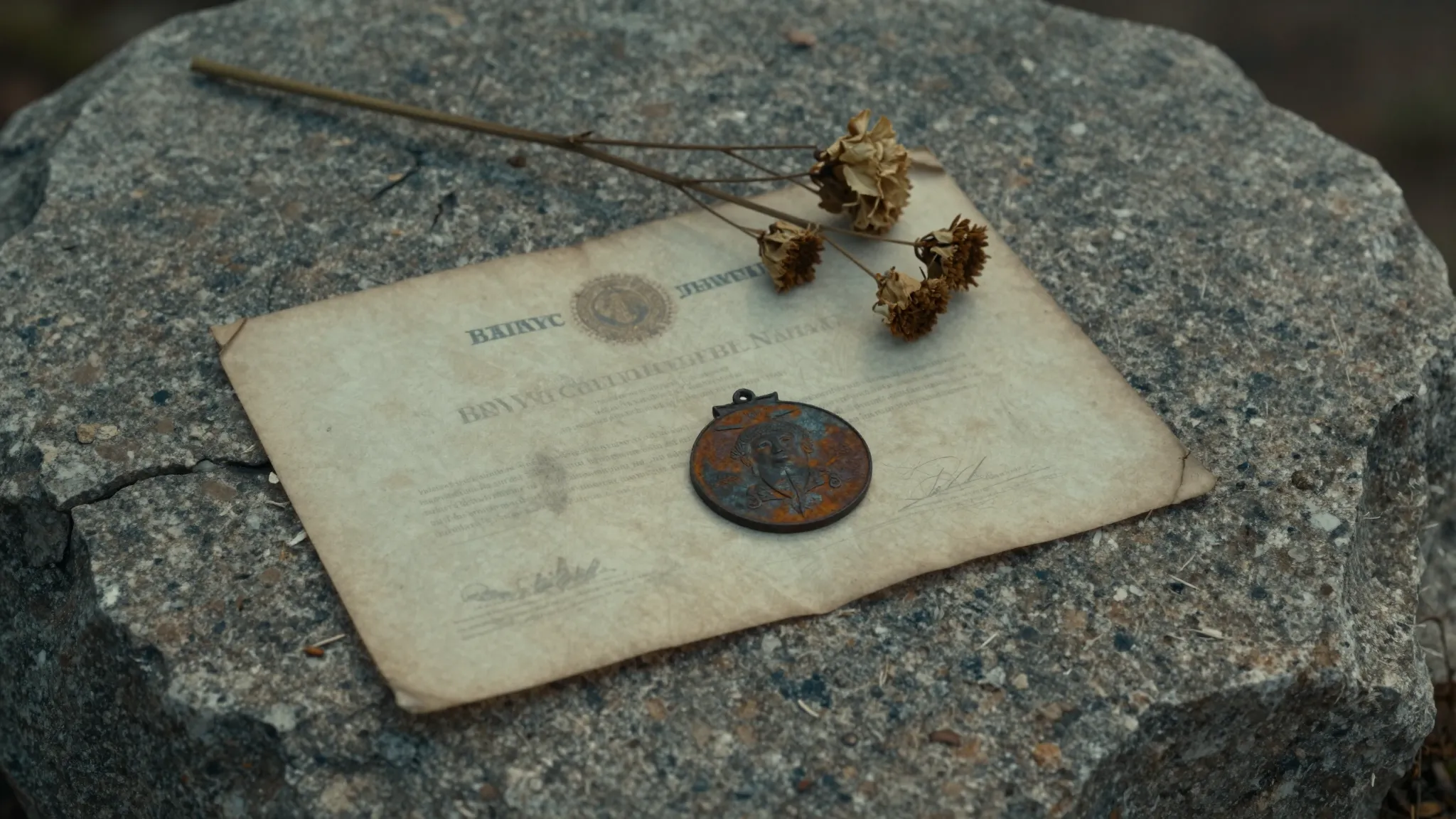 Close-up of an ancient, cracked granite rock. On its rough s...