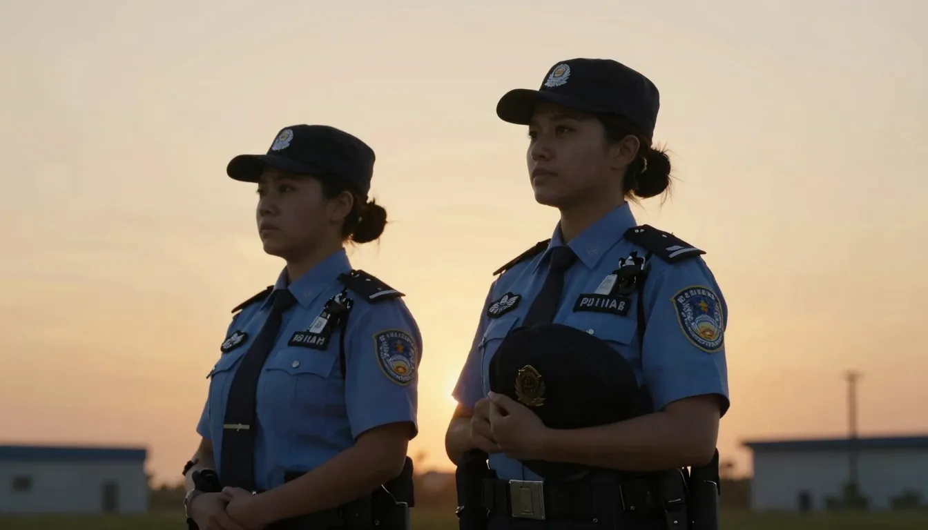 Two female police officers in uniform standing at sunset, lo...