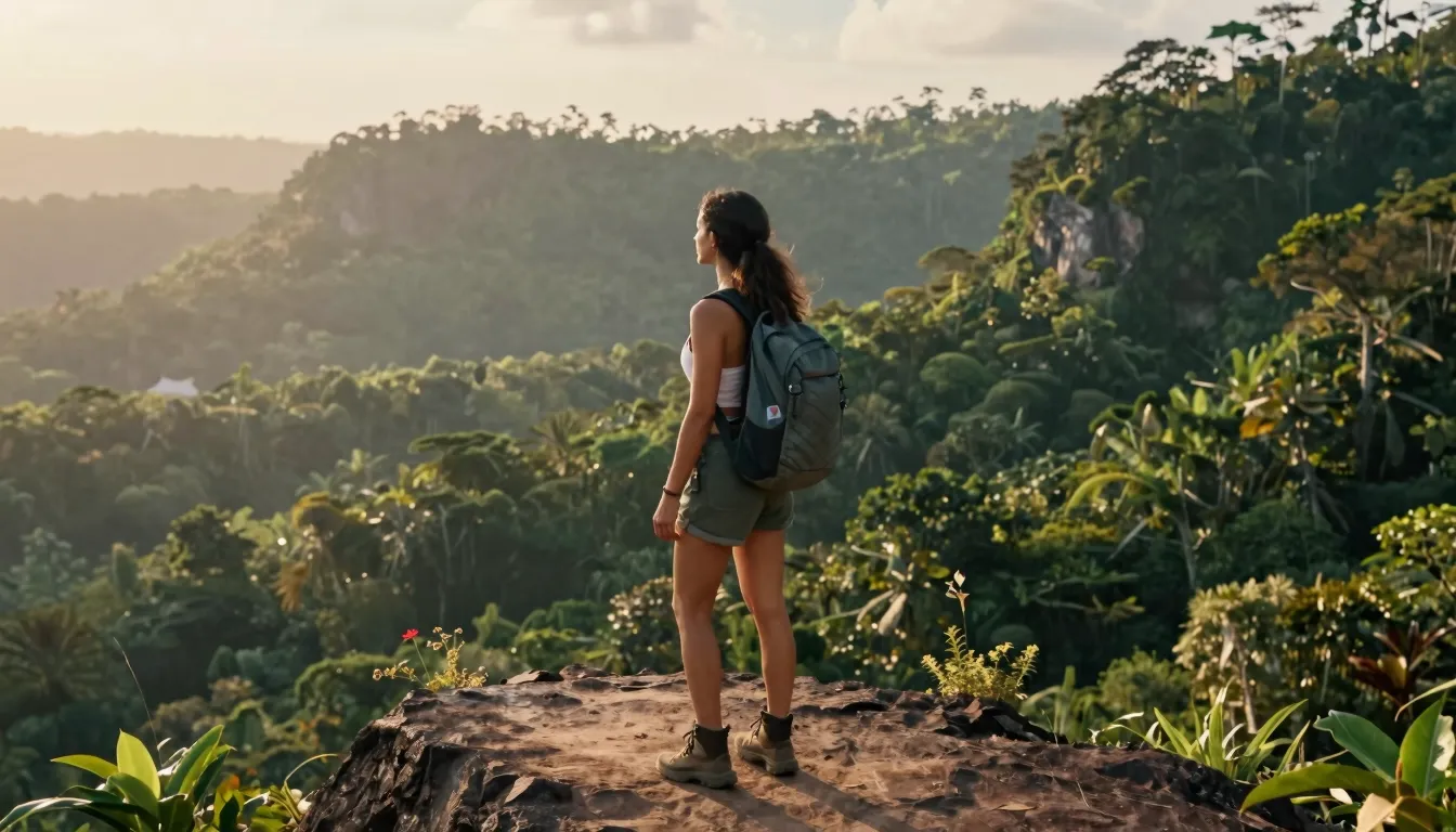 A high-end, cinematic shot of a solo female traveler standin...