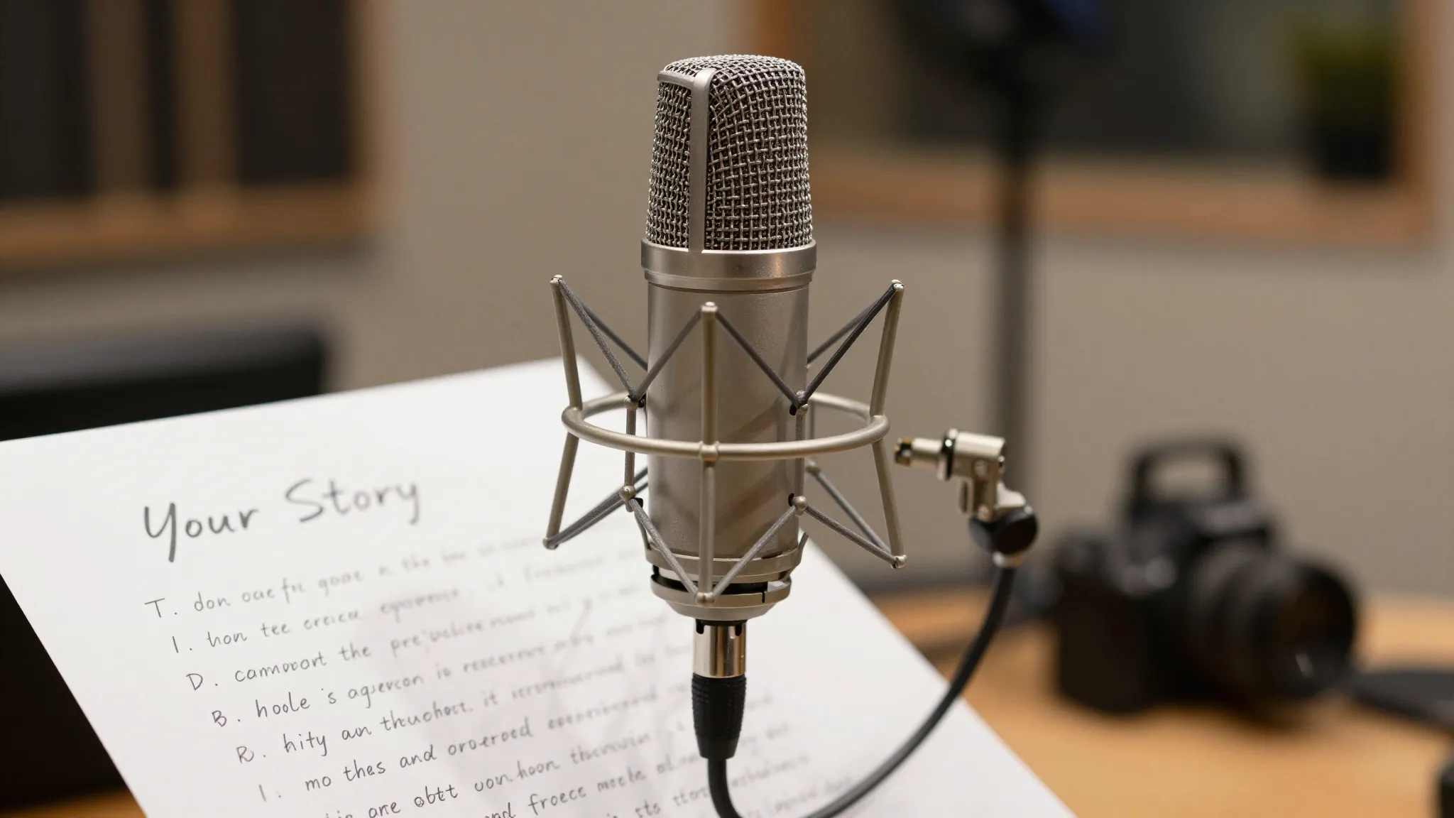 A professional microphone in a recording studio, with a hand...
