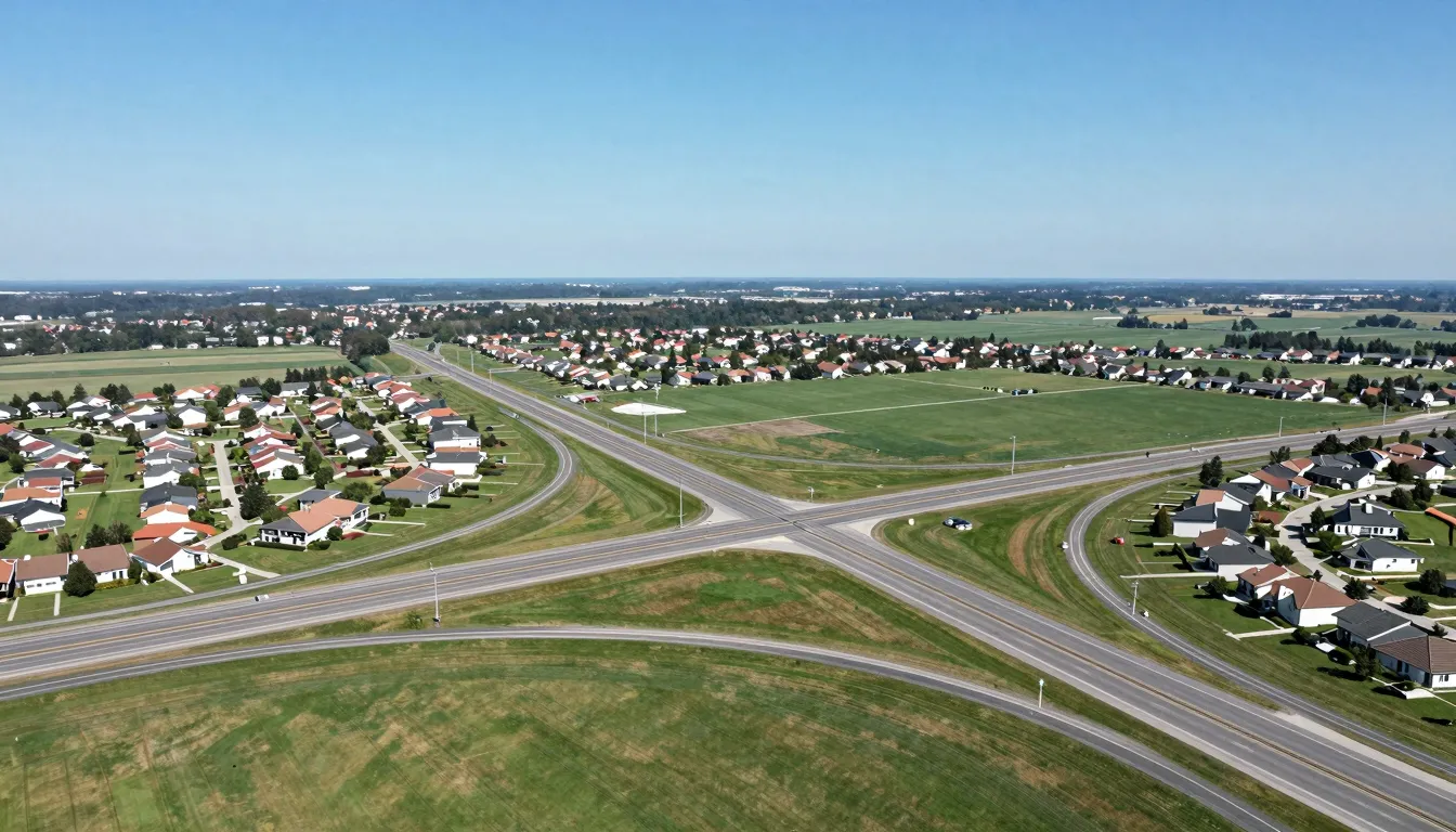 Modern suburban landscape, green fields, intersection of maj...