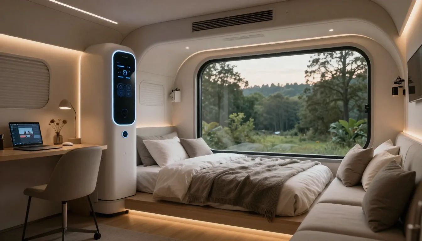 Interior of a smart capsule house, minimalist design, integr...