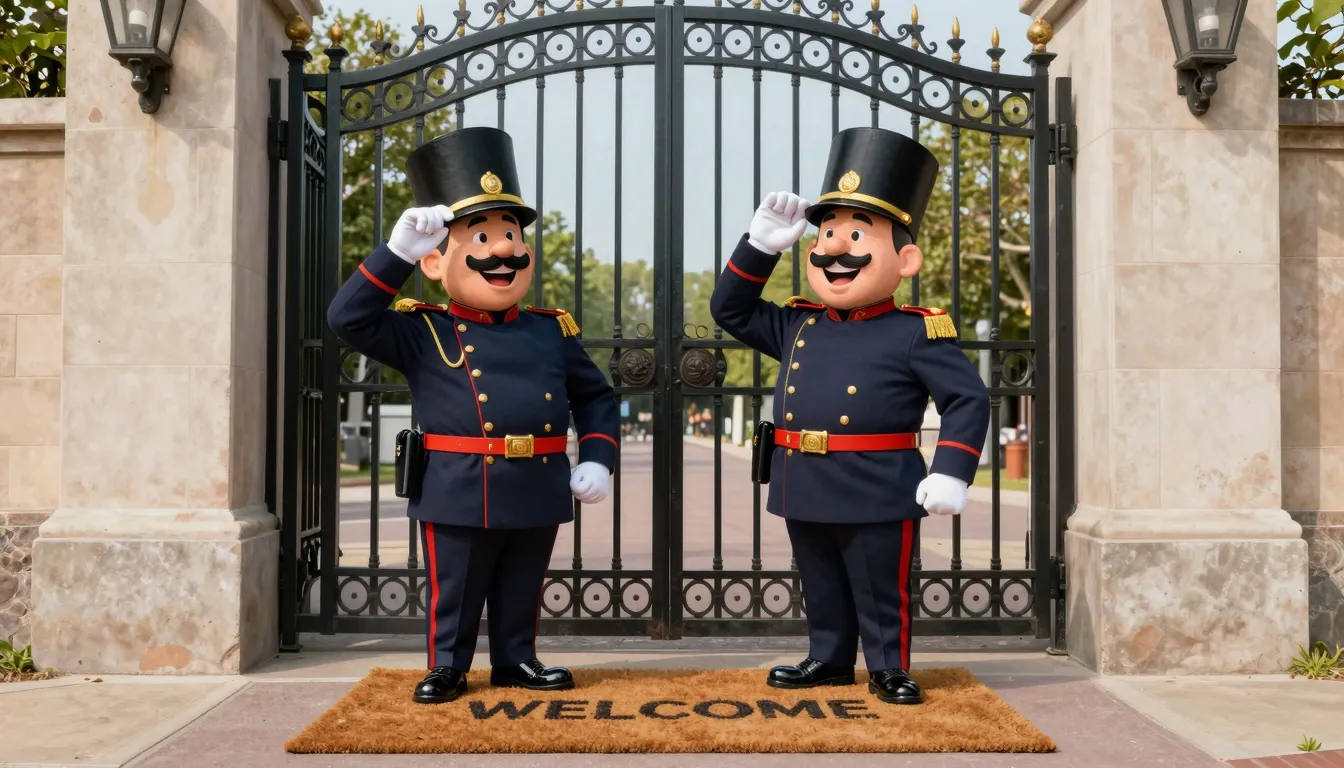 A humorous cartoon illustration of two overly friendly guard...