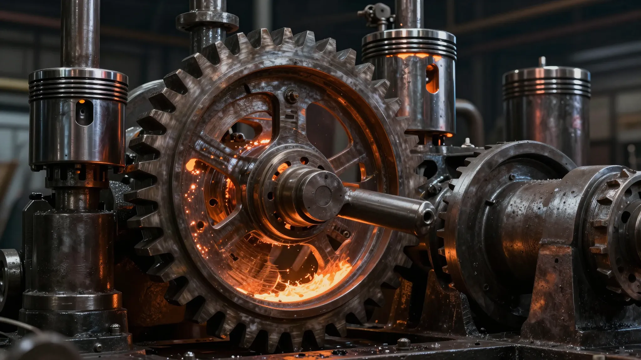 Industrial metal aesthetic, massive steel gears and pistons,...