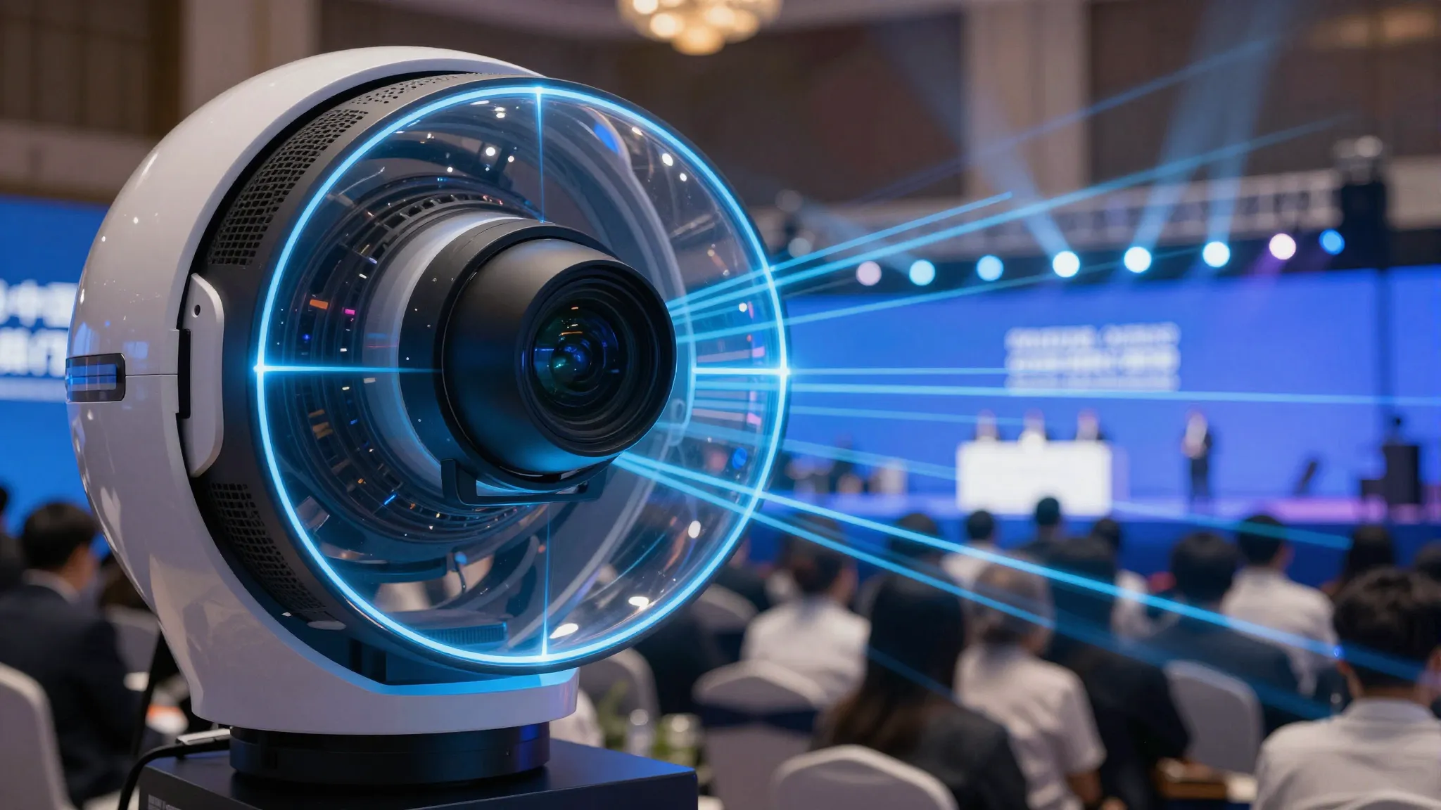 A futuristic spherical camera capturing a vibrant corporate ...