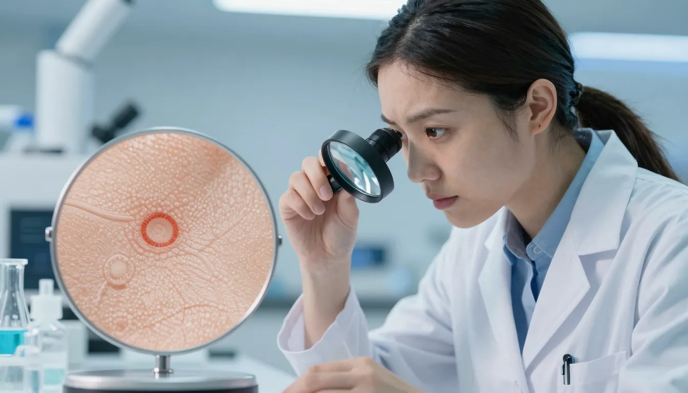 A professional scientist looking through a magnifying glass ...