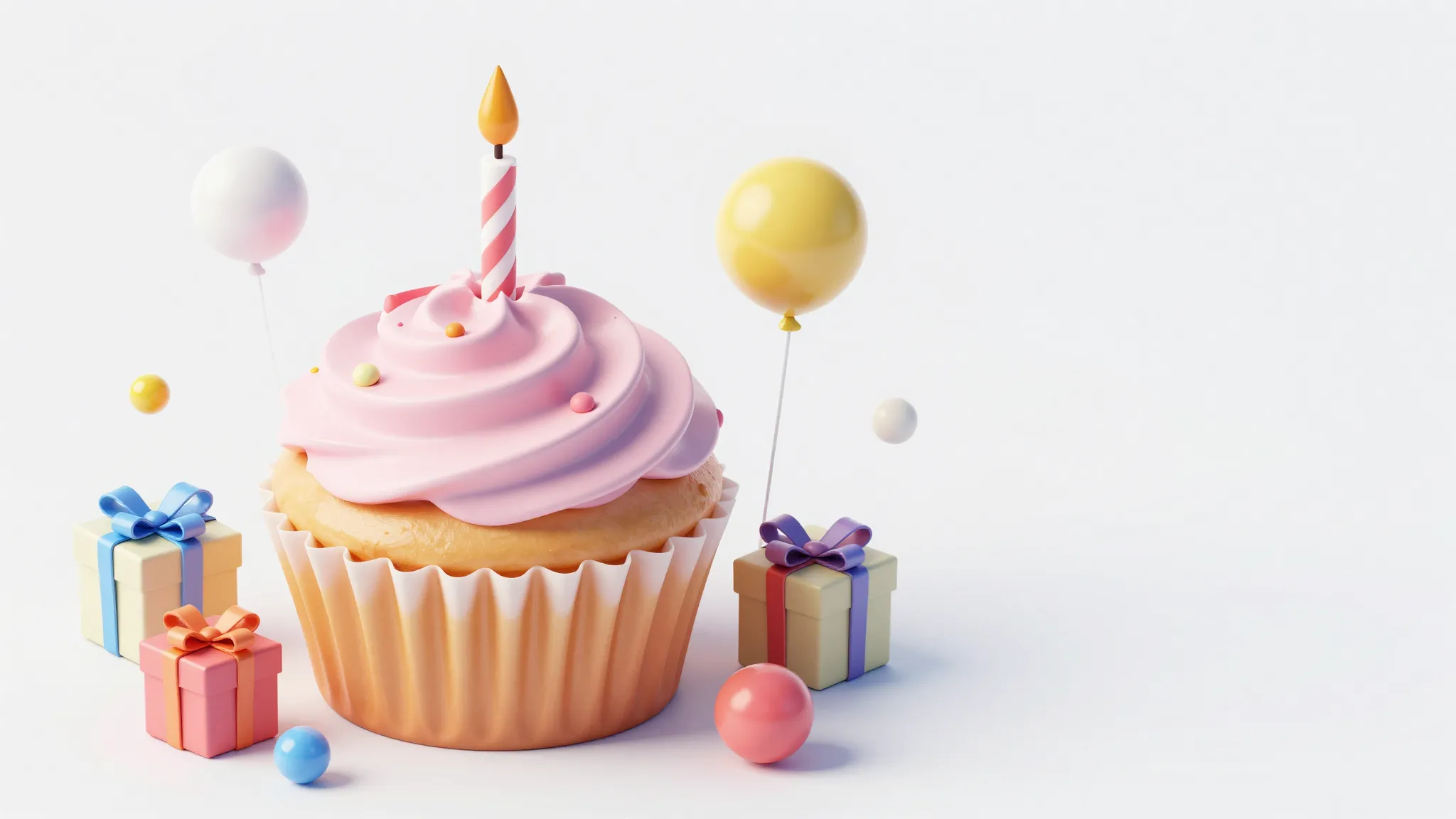 3D isometric birthday scene, giant frosted cupcake with a si...