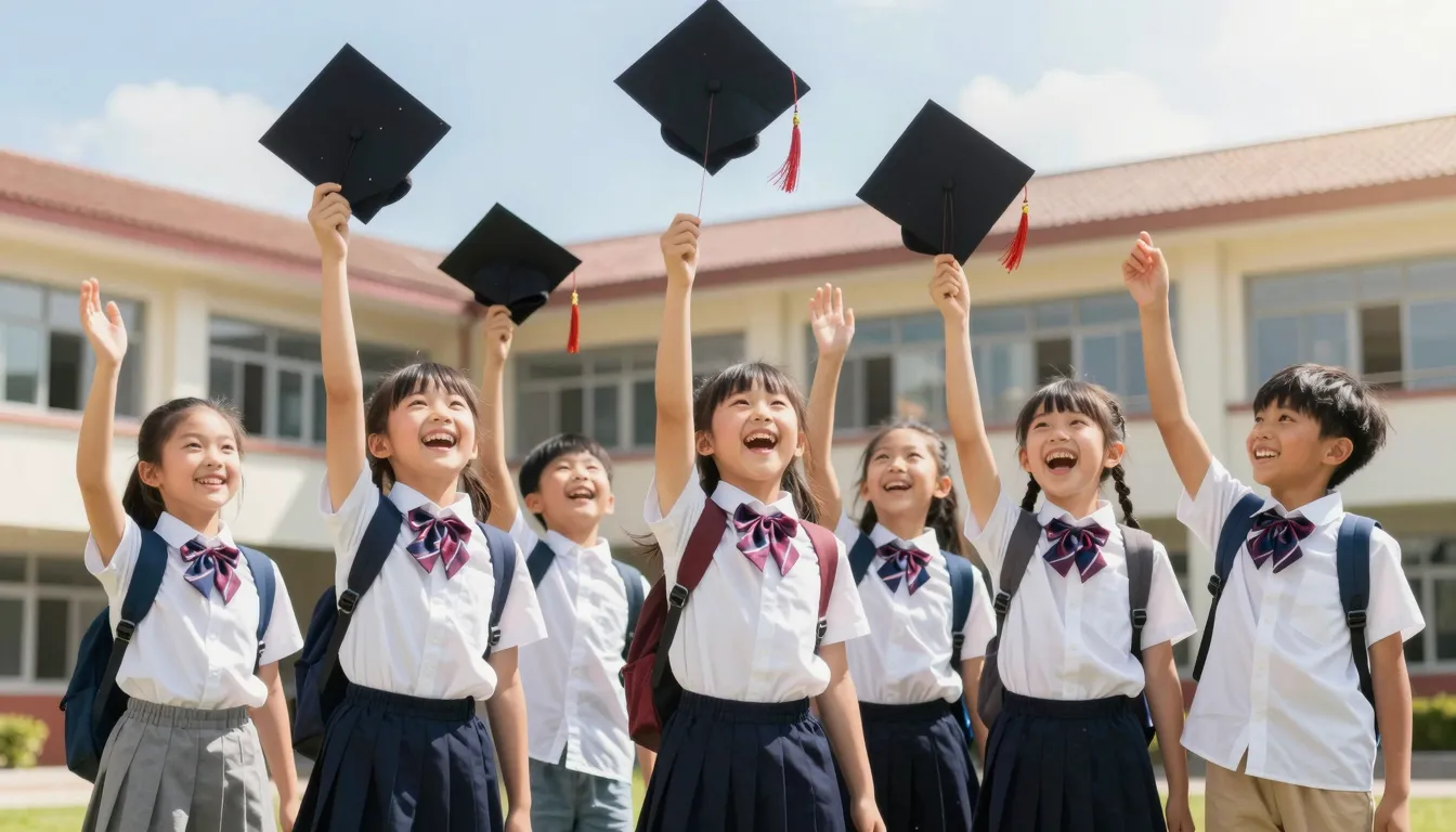 A group of happy children, around 10-11 years old, celebrati...