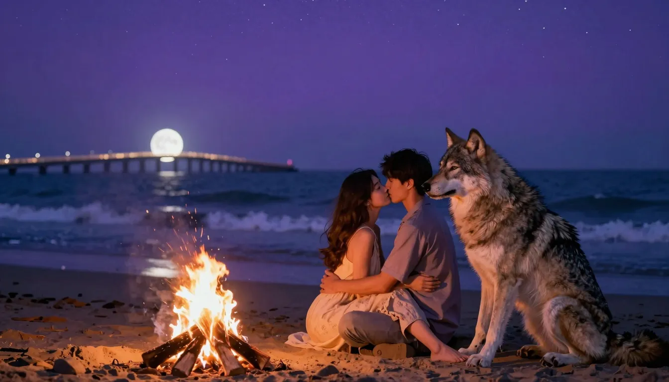 A young man and a woman in a romantic embrace on a beach at ...