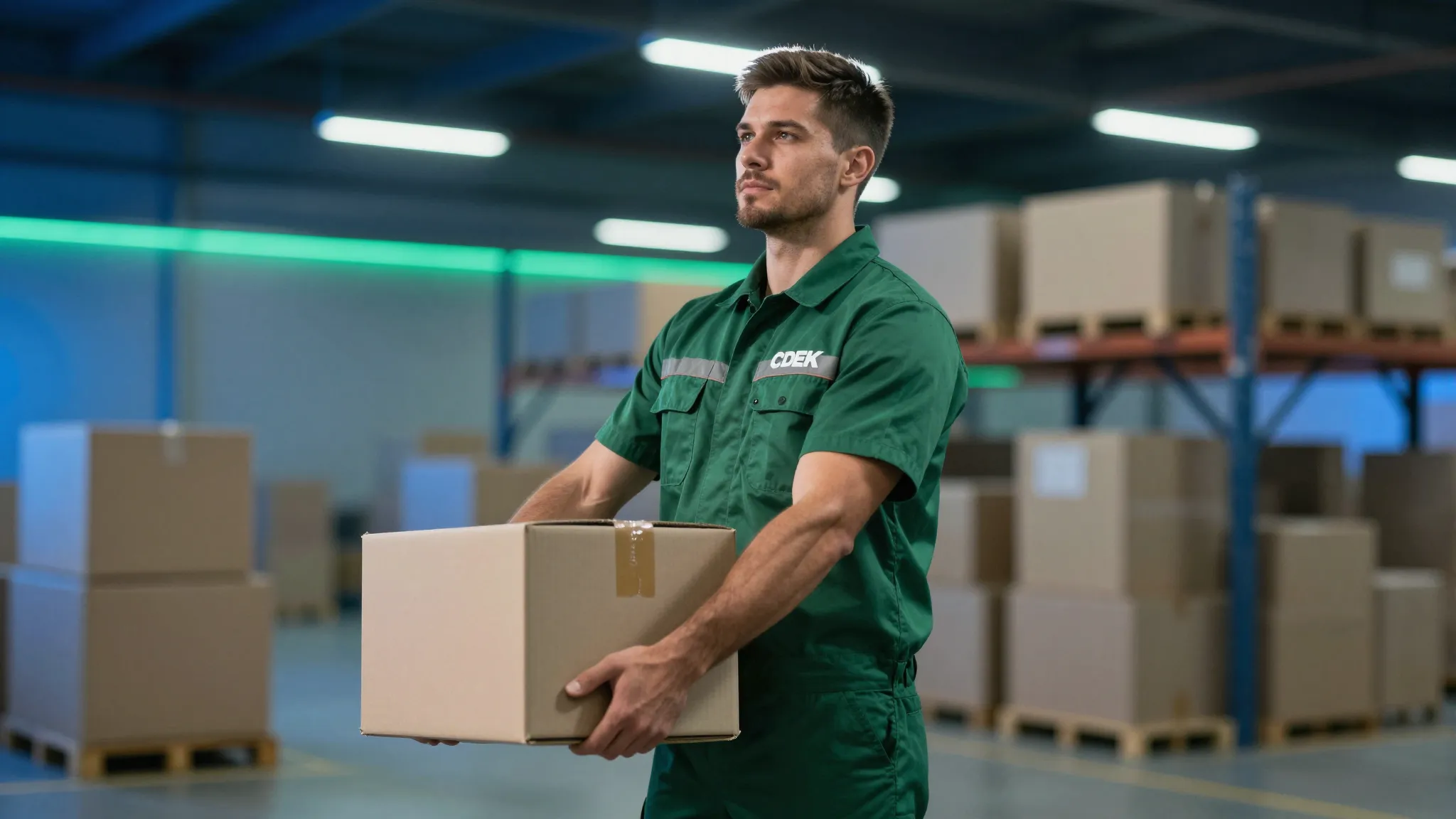 A strong, physically fit male worker in a green CDEK uniform...