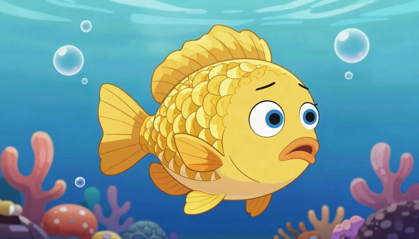 A modern divine fish character with golden scales and blue e...