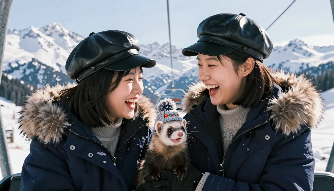 Close-up side view of two joyful Chinese sisters with black ...