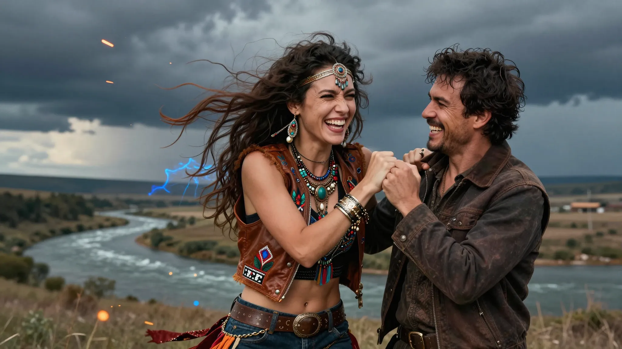 A spirited woman with flowing hair and a playful, defiant lo...