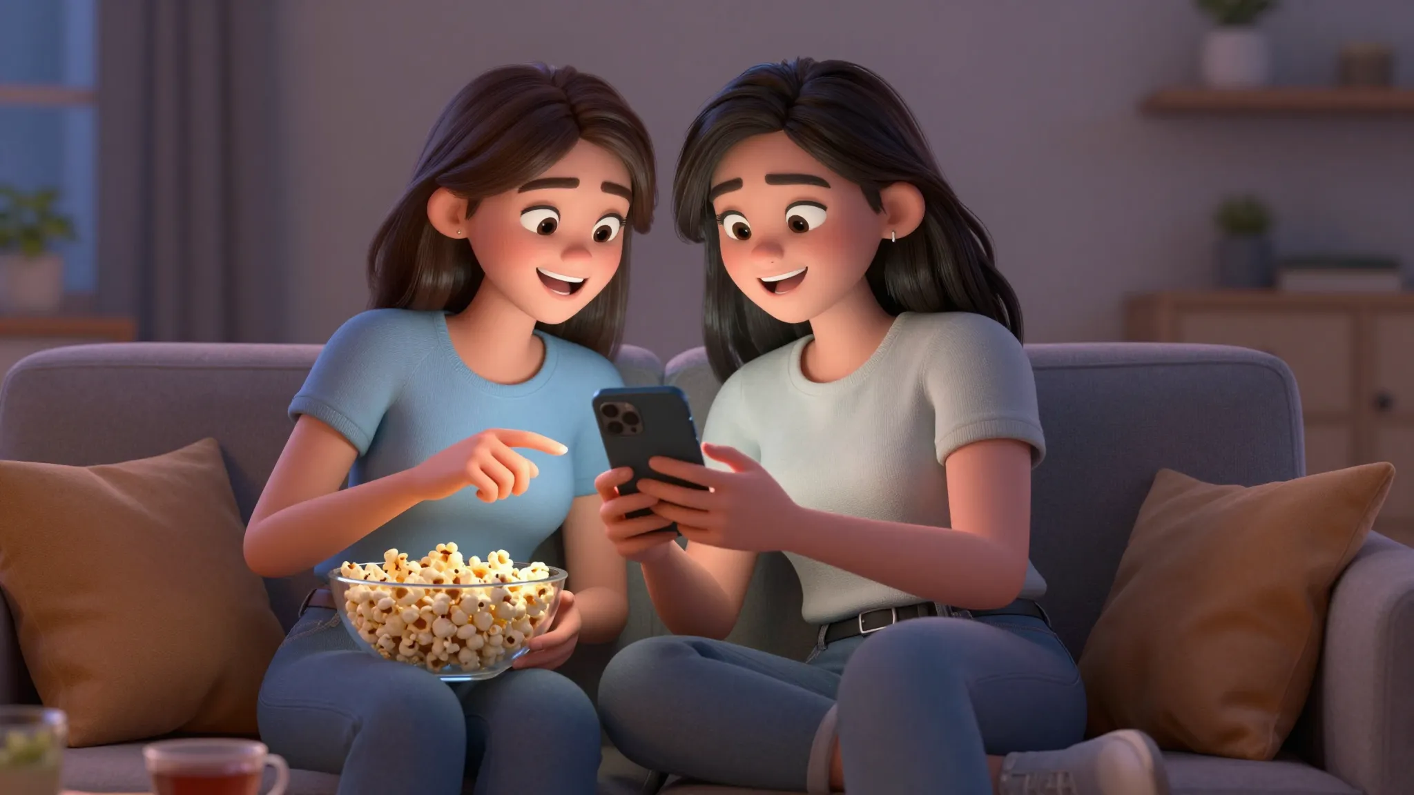 Two stylish young women, best friends, sitting together on a...