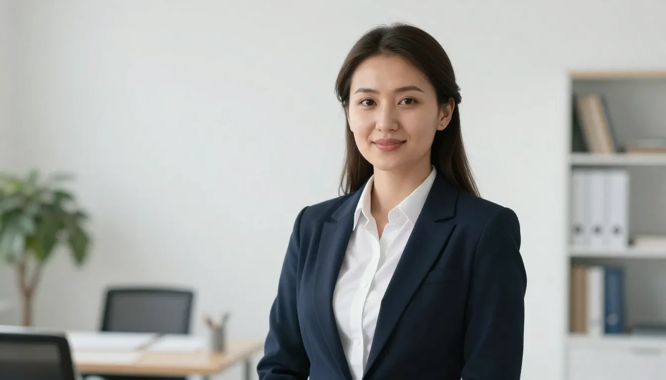 A professional portrait of a young Kazakh woman teacher, fri...